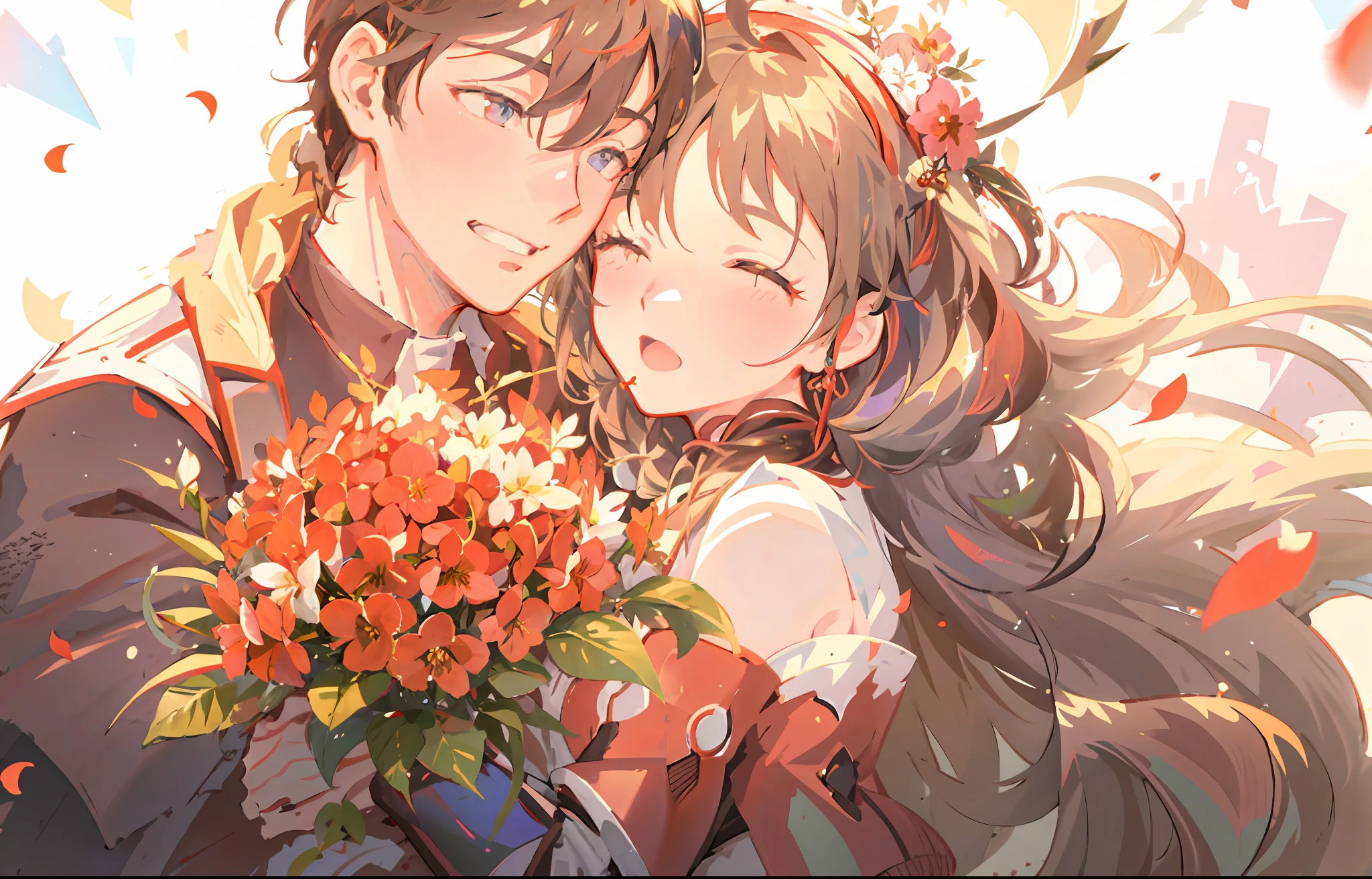 Anime couple kissing with flowers in front of sky background, Kawasi, Guweiz e Makoto Shinkai, granblue fantasy, Guviz, WLOP and Sakimichan, A scene from the《azur lane》videogame, sakimichan and frank franzzeta, Violet Evergarden, Ayaka Genshin impact