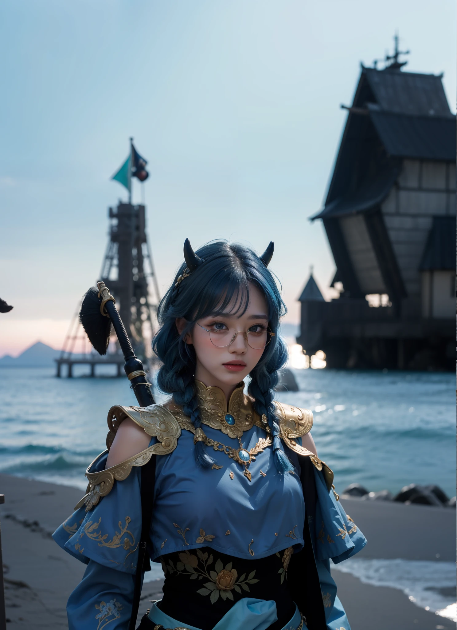 1girl, Fantasy, Beautiful Sea backround, Blue eyes, Beauty face, Blue sky hair color, Braid hair style, Use O spectacles, Blue Outfit, Red horn, Realistic, Ultra detail, Same outfit detail, same pose detai, 70mm lens