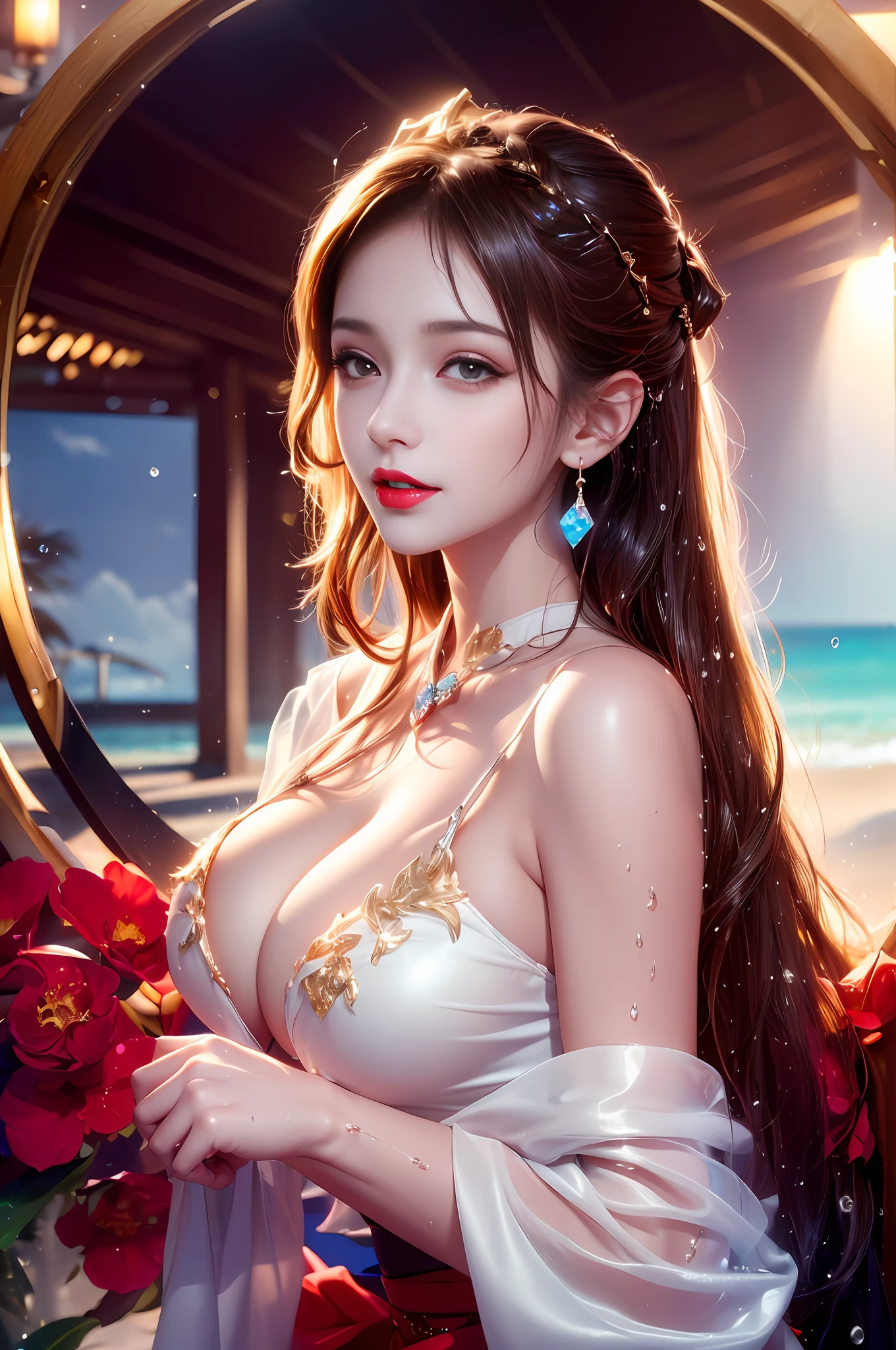 (Super realistic), (Blonde curly hair), Ponytail, (((Super boobs))), ((Plump body)), (small breasts), ((Plump boobs)), ((( exposed))) ((Big buttocks)), (detailed description of hair), (detailed description of face), (detailed description of body), (white and translucent skin), peerless beauty, (extreme beauty), long legs, (((dark red kimono))), ((stockings)), (ruby necklace), (gem earrings), (beauty mole), (mature royal sister), (red lips), (touch tits), (shy), (tempting smile), (face to viewer), (face to face), (summer), ((in the beach)), ((stream)), waves, (wet clothes),daylight,sunlight,(puffy lips),