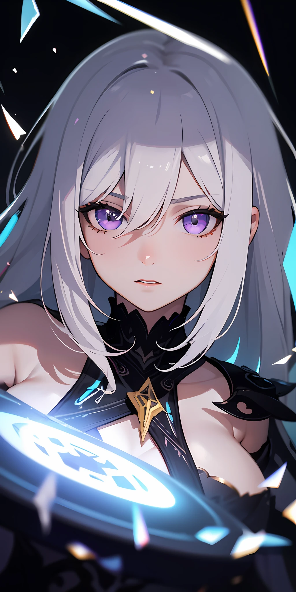 (masterpiece, best quality, ultra-detailed, best shadow), (detailed background,dark fantasy), (beautiful detailed face), high contrast, (best illumination, an extremely delicate and beautiful), ((cinematic light)), colorful, hyper detail, dramatic light, intricate details, (1girl, solo,white hair, sharp face,purple eyes, hair between eyes,dynamic angle), blood splatter, swirling black light around the character, depth of field,black light particles,(broken glass),magic circle,