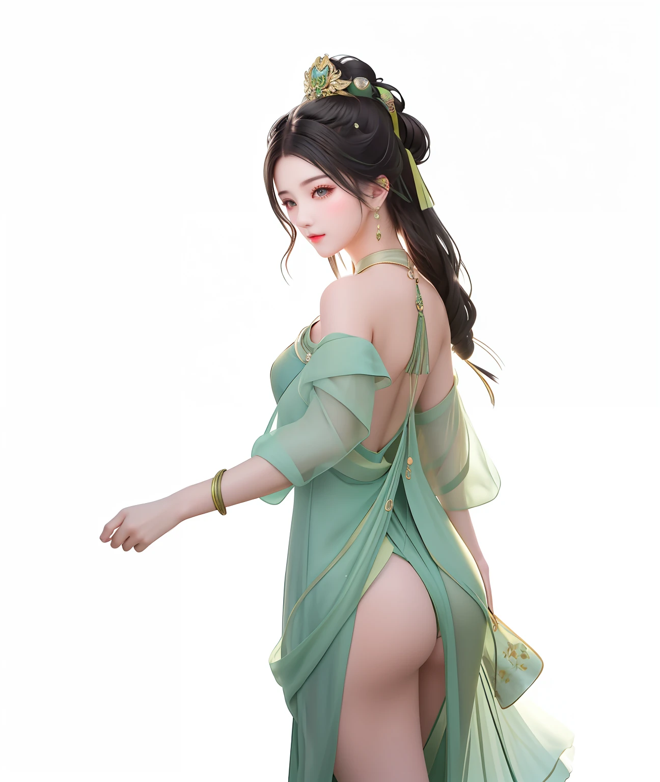 An ancient beauty，Face away from the camera，Can't see the face，Cocked buttocks，sexy for，black color hair，Flowing light green clothing，Aesthetic --auto