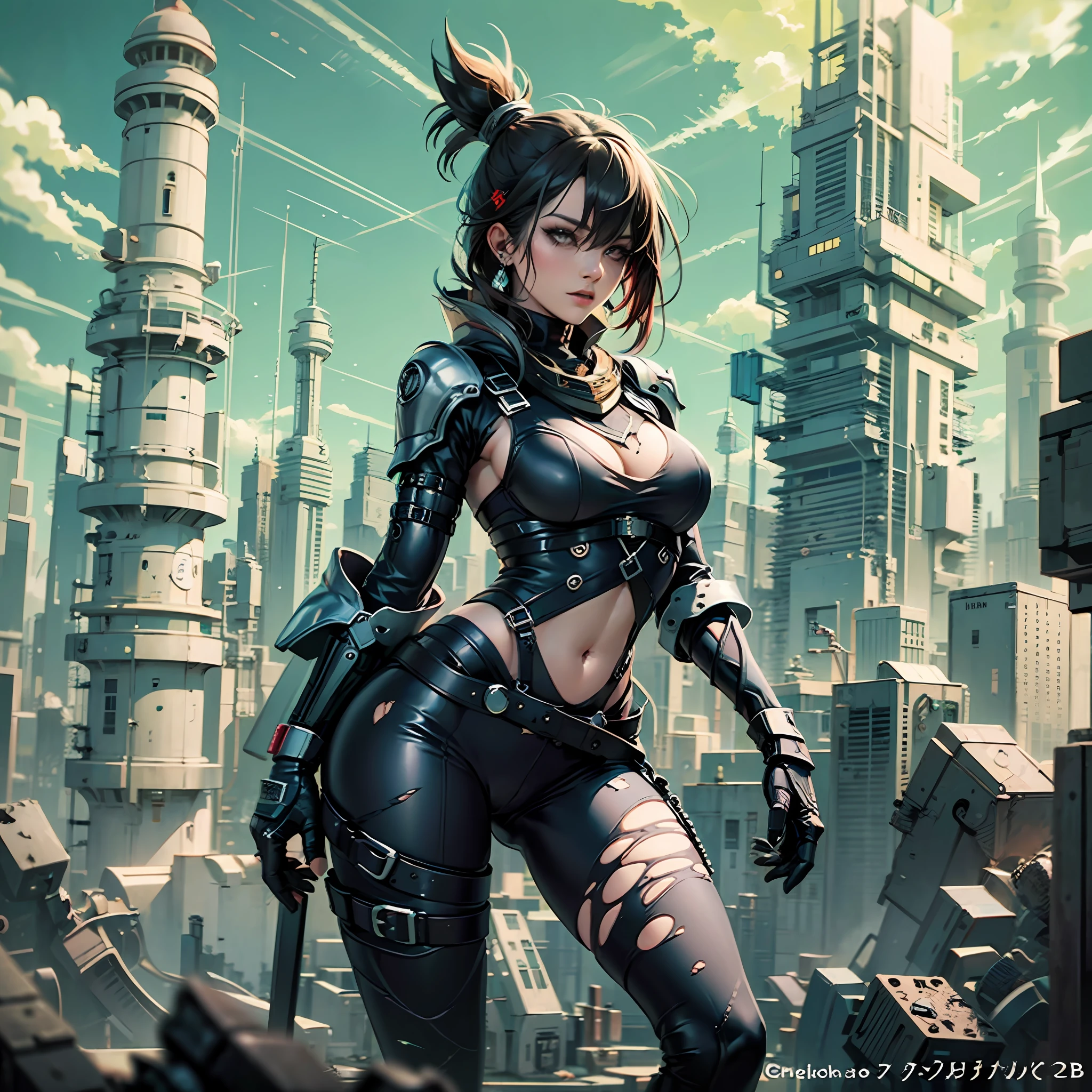 (coherent:1.25) (in the style of crisp Fortnite & Artgerm illustrations:0.75) :: (centered), (front), (slightly below view) :: solo, young 1woman with darkskin, toned, sleek, sinsiter aspects :: wear cropped tshirt & torn leggings :: atompunk, rocketcar as background :: concept art inspired by TB Choi & Sparth, lowres, bad anatomy, bad hands, text, error, missing fingers, extra digit, fewer digits, cropped, worst quality, low quality, normal quality, jpeg artefacts, signature, watermark, username, blurry --auto --s2