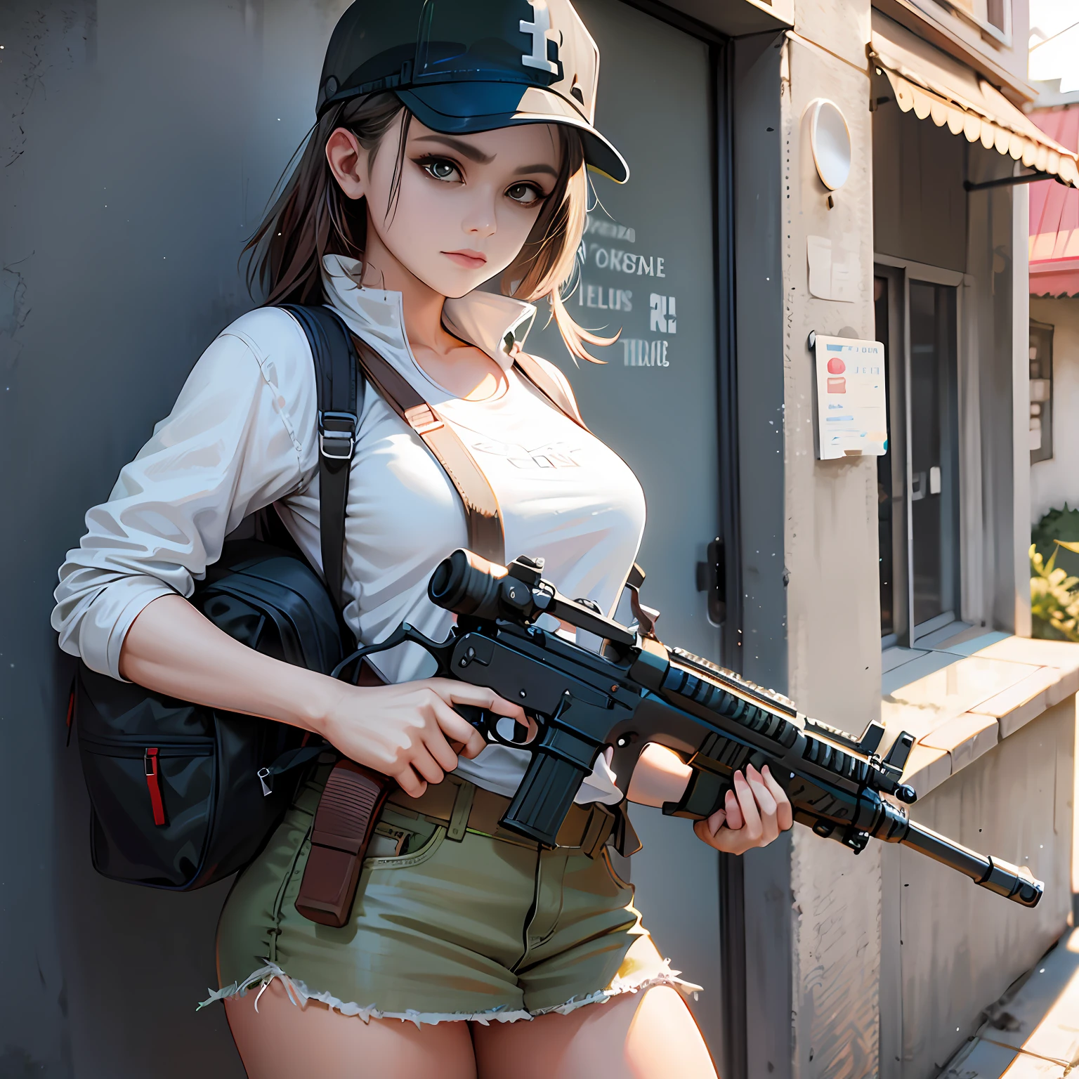 Allard woman holding a gun in a white shirt and green shorts, with rifle, m4 sopmod ii girls frontline, with pistol, soldier girl, realistic cosplay, preparing to fight, Realistic anime 3 D style, Anime girl in real life, she is ready to fight, Anime girl cosplay, inspired by Leng Mei, shot on canon eos r 5