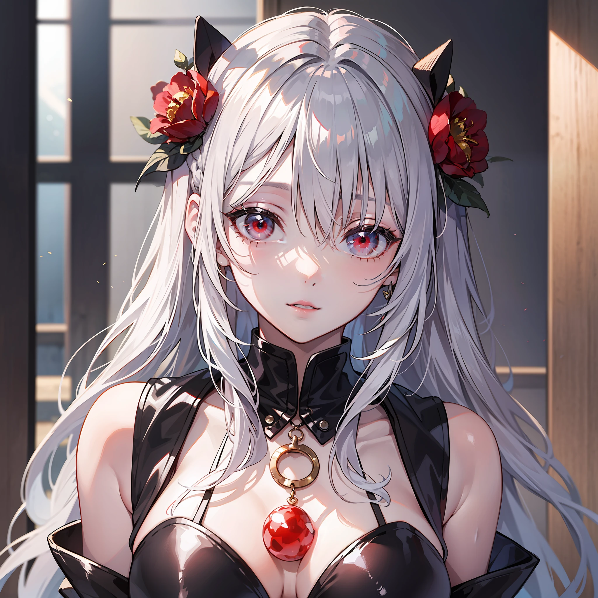 Kizi,(silber hair:1.5),Shiny hairstyle,Messy hairstyle,long whitr hair,耳Nipple Ring,(red - eyed:1.2),collofull eyes,Clear red lips,super detailing,Perfect face,Textured transparent garment,black uniforms,(perfect bodies:2.0),Retina Screen,ultra-realistic realism,style of anime,artistic décor,first person perspective,head portrait,(in a panoramic view:2.0),hyper HD。