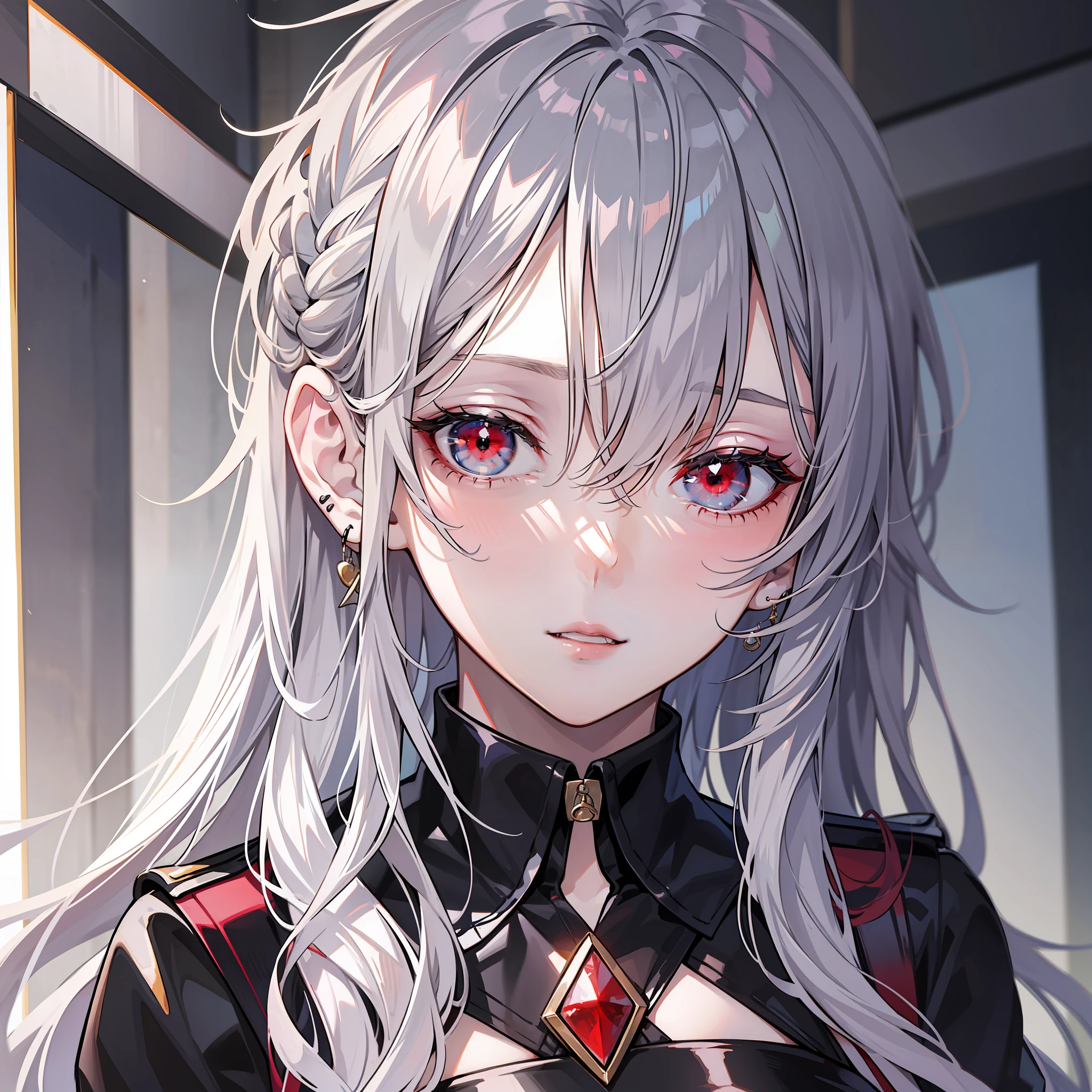 Kizi，（silber hair:1.5），Shiny hairstyle，Messy hairstyle，long whitr hair，耳Nipple Ring，（red - eyed:1.2），collofull eyes，Clear red lips，super detailing，Perfect face，Textured transparent garment，black uniforms，（perfect bodies:2.0），Retina Screen，ultra-realistic realism，style of anime，artistic décor，first person perspective，head portrait，（in a panoramic view:2.0），hyper HD。