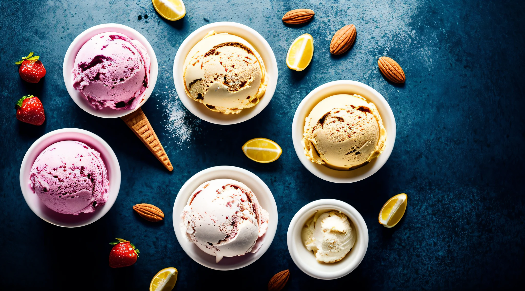 ice cream photography, dark background, top view