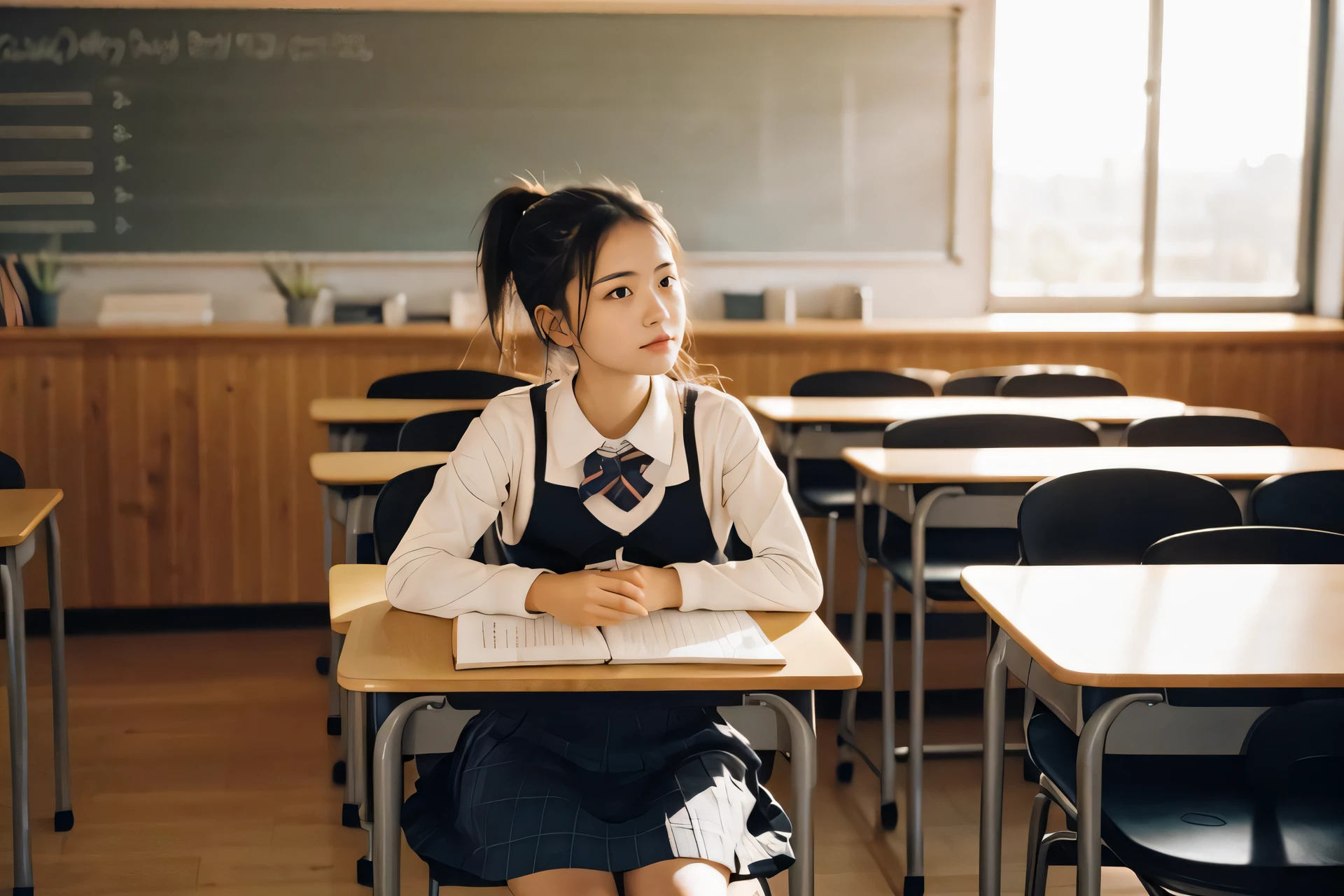 35mm film, wide shot, panoramic photo. Classroom at dusk, symmetrical composition,blackboard.1girl in school uniform with a low ponytail sitting on a seat looking  to the side,
filmg,