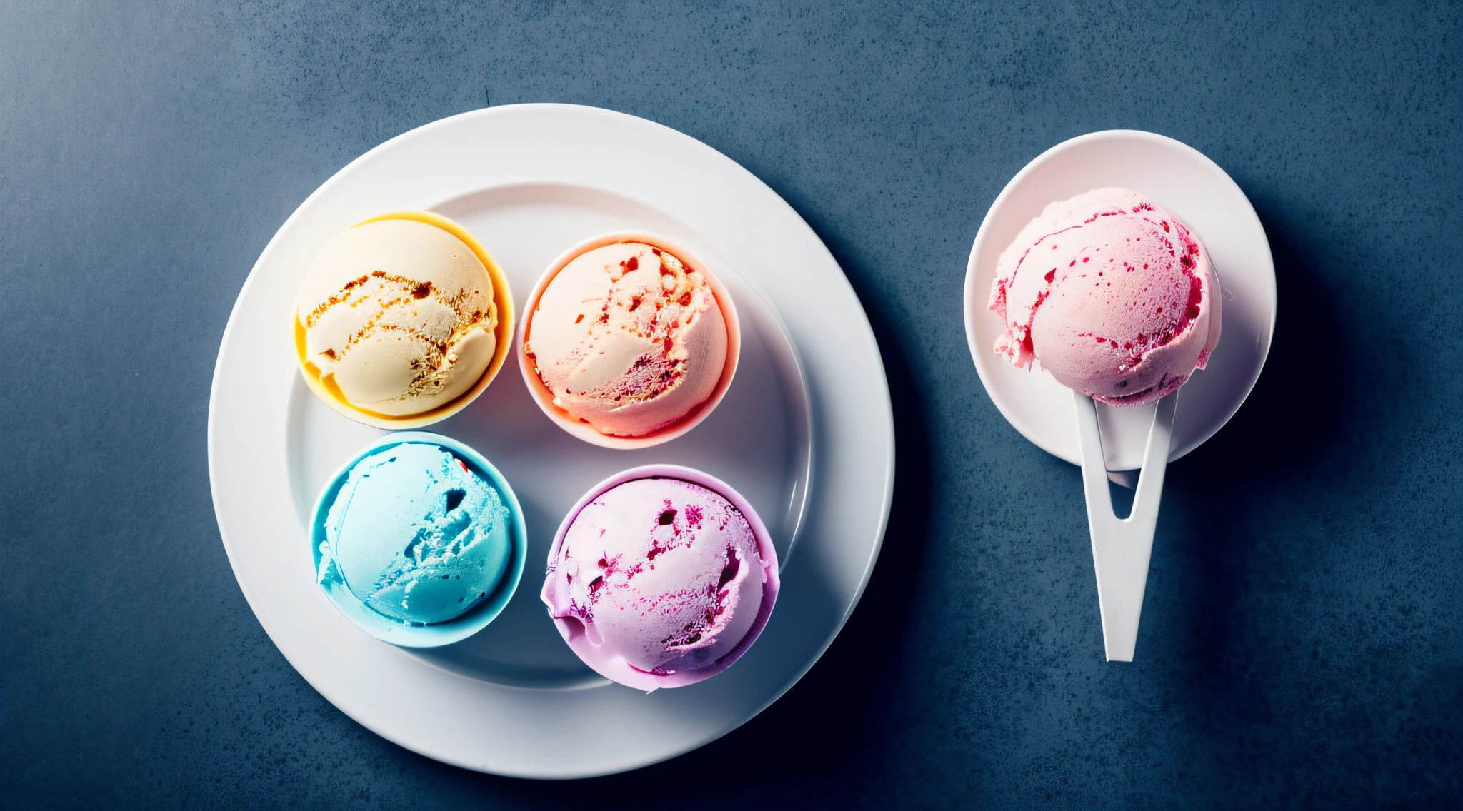 ice cream photography, dark background, top view