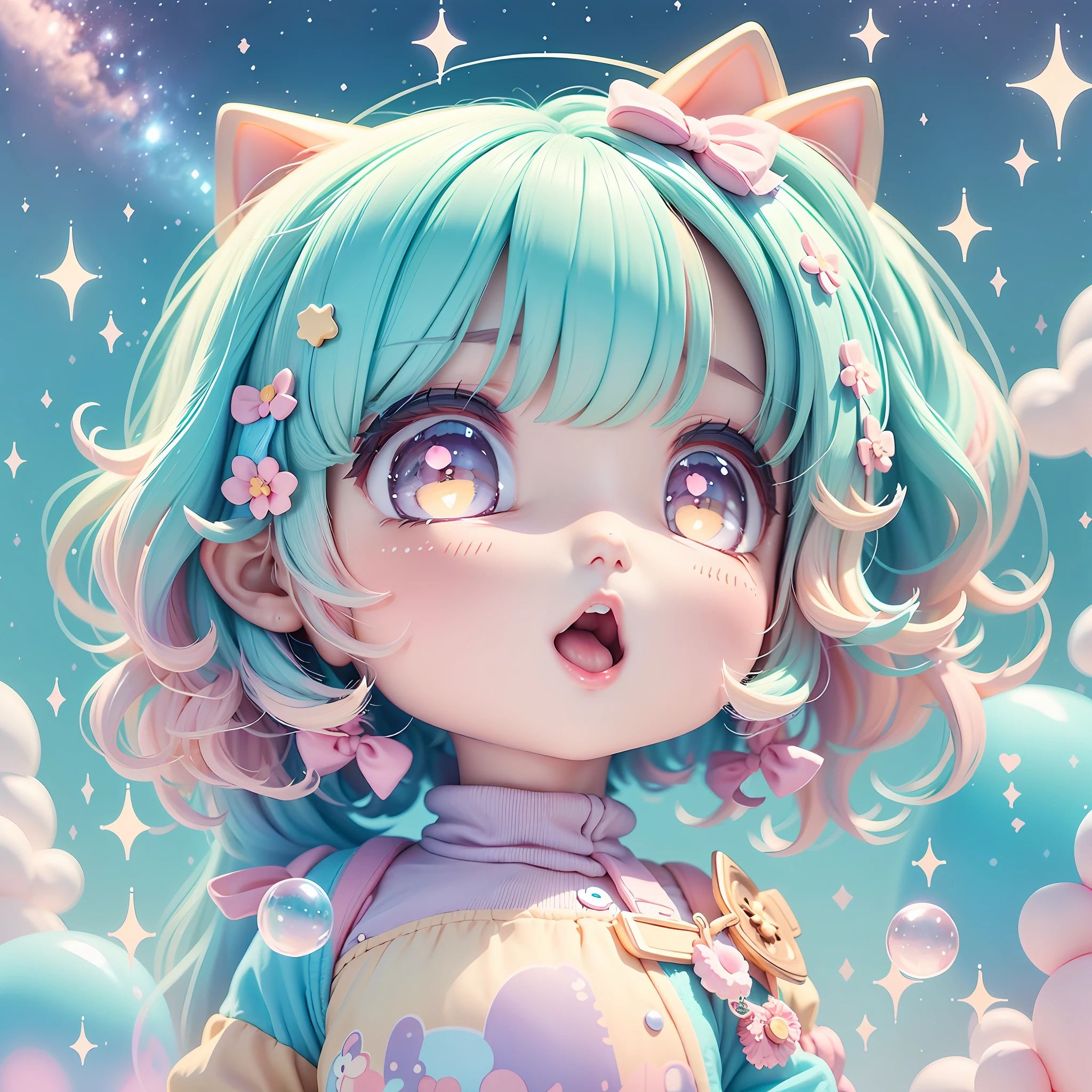 chibi looking up, leaning, bubbles around, kawaiitech, kawaii, cute, pastel colors, best quality, happy, long sleeves