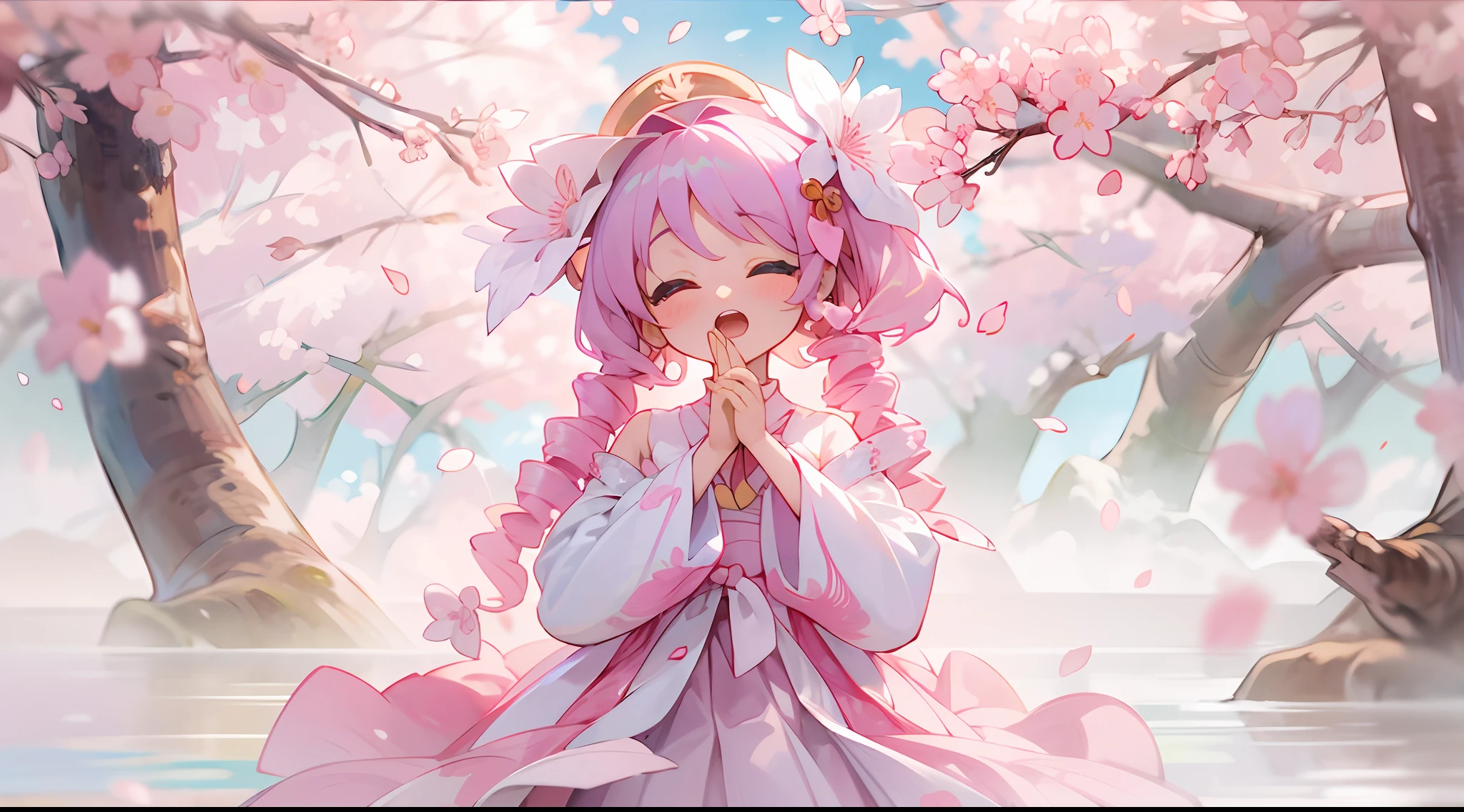 photoRealstic、Doll standing in front of the painting、bionde、Yawning face、Sengai、pixiv、rokoko、dollfie dream、watercolor Nendoroid、(High Definition Figure)、flowing sakura-colored silk、nendroid、highly_Detailed!!,Cherry blossom petals、Flowing cherry blossom silk、season!!: 🌸 ☀ 🍂 ❄