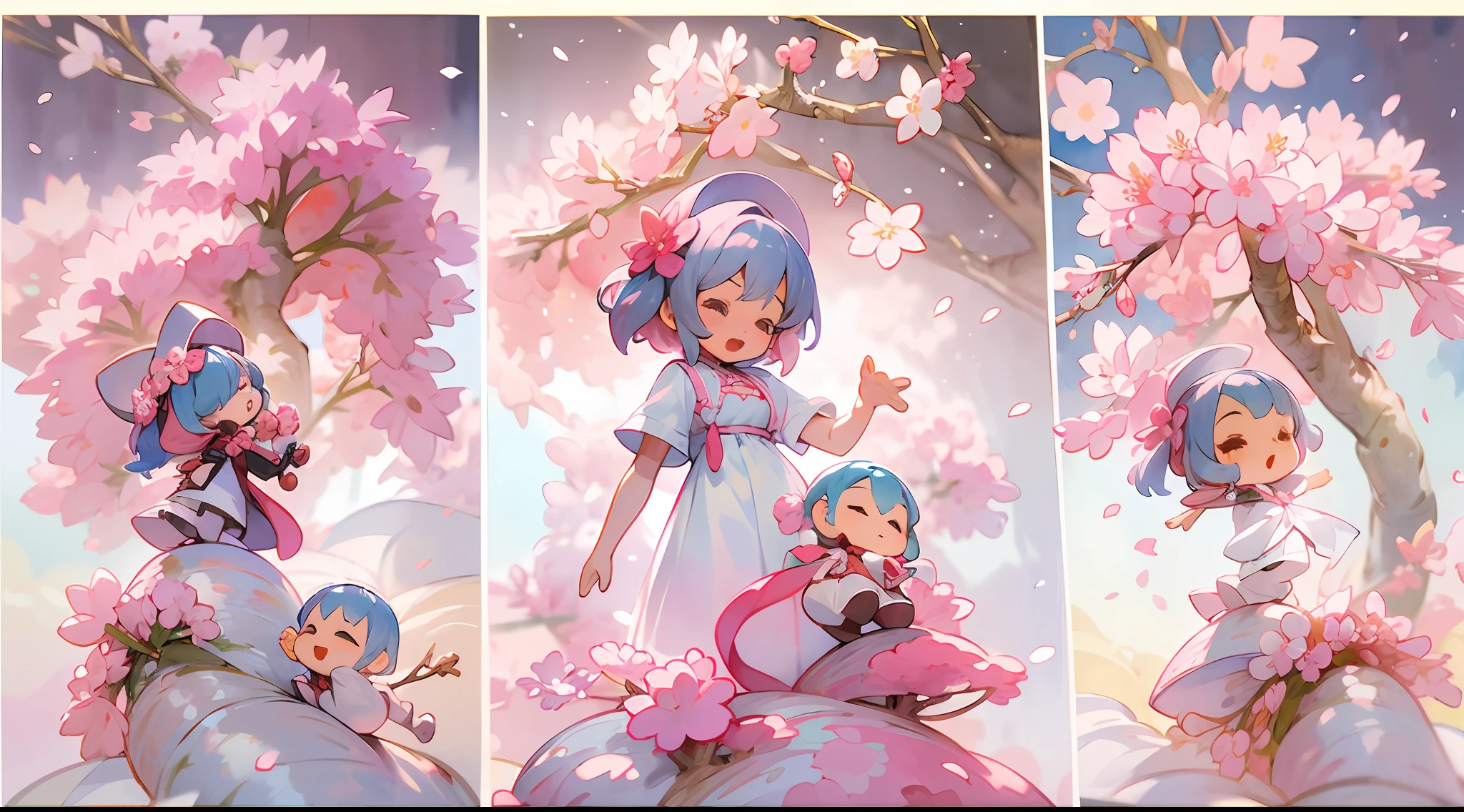photoRealstic、Doll standing in front of the painting、bionde、Yawning face、Sengai、pixiv、rokoko、dollfie dream、watercolor Nendoroid、(High Definition Figure)、flowing sakura-colored silk、nendroid、highly_Detailed!!,Cherry blossom petals、Flowing cherry blossom silk、season!!: 🌸 ☀ 🍂 ❄