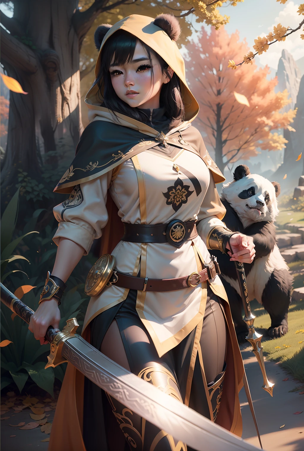 beautiful woman facing the camera black hair asian eyes, wearing a black and white panda hood holding a gleaming sword silver and gold Masterpiece, best quality, high quality, highly detailed CG unity 8k wallpaper beautiful landscape oil painting, award winning photography, bokeh, depth of field, HDR, bloom, chromatic aberration, photorealism, highly detailed, trending on artstation, on CGsociety Trending, intricate, high detail, dramatic, midjourney art and masterpiece, best quality, high quality, extremely detailed CG unity 8k wallpaper lush summer landscape with rolling green hills stretching towards the horizon, dotted with pink, yellow wildflowers, and purples, volumetric lighting and masterpiece, best quality, high quality, extremely detailed CG unity 8k wallpapers serene autumn landscape surrounded by trees in shades of golden yellow, fiery red and burnt orange. The crisp air is laced with the sweet aroma of fallen leaves and wood smoke. The ground is covered with a golden folia