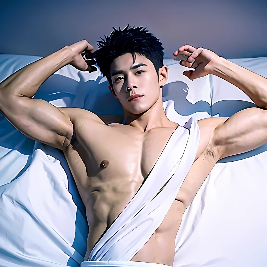 best qualtiy，（realisticlying：1.4）， tmasterpiece， Kodak Portra 400， white bed sheet，Lie flat on the bed,（Face focus：1.3），1boys ，white skinned，Show muscles， posing on a， looking at viewert ， sface focus