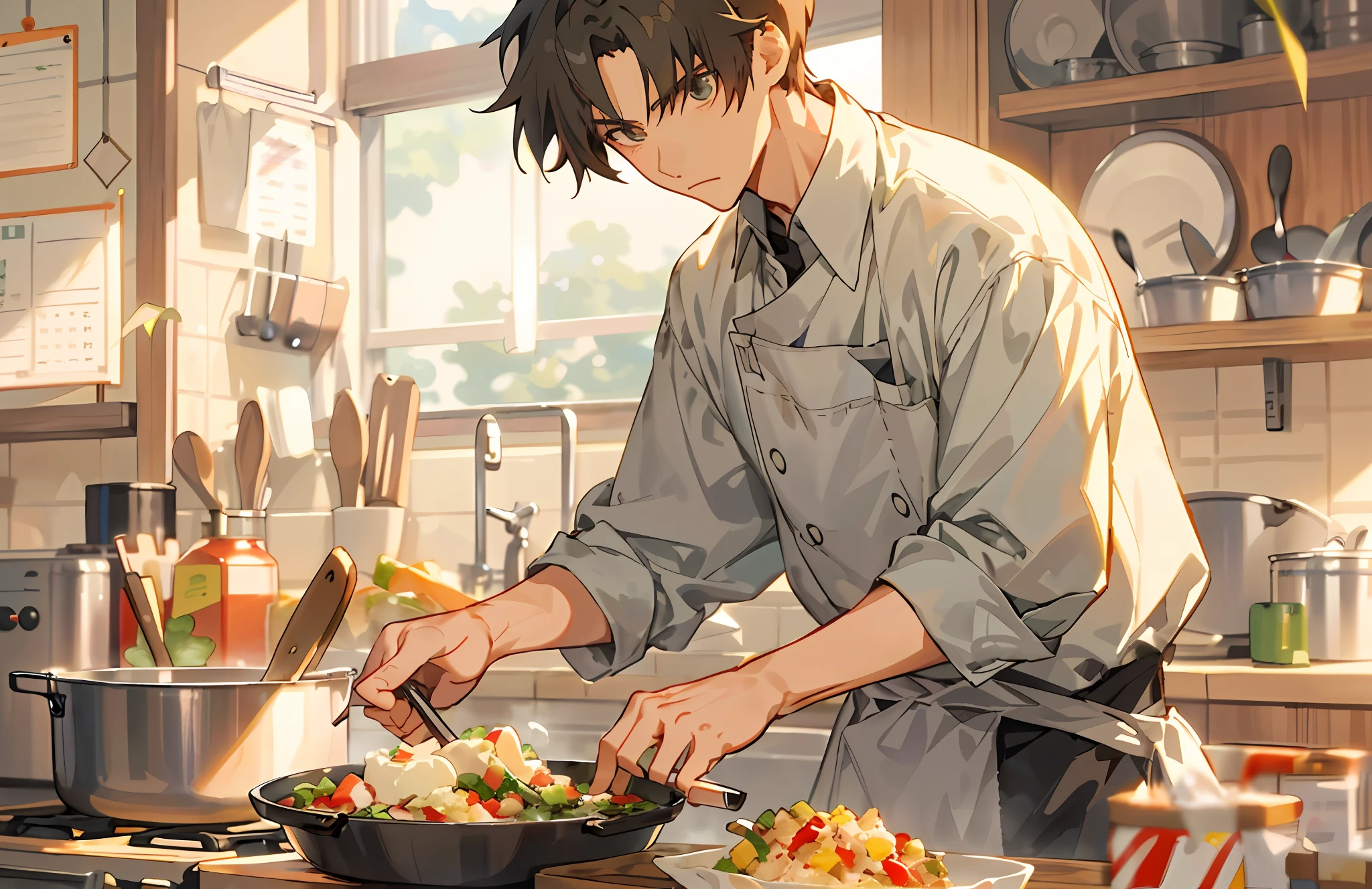 Anime boy preparing meals in a large pot in the kitchen, Cooking, Cook, cooking it up, makoto shinkai art style, cooking show, best chef, anime food, Makoto shinkai style, Handsome anime pose, handsome guy in demon killer art, inspired by Tsuruko Yamazaki, In the kitchen, sakimichan