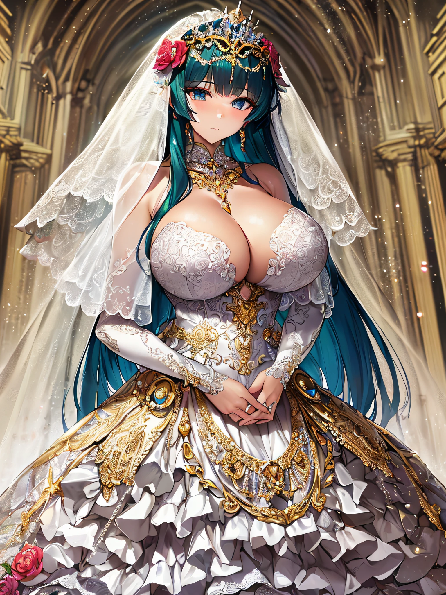 ((anime artstyle)),(Masterpiece),(Best Quality), (Super Detail),((Very Delicate and Beautiful)),Focus on character,Dynamic Angle,Looking at viewer,((Solo)),standing,((full body)),((one princess in gorgeousfull BlingBling wedding dress with voluminous skirt)),((June bride)),detailed face and eyes,jewel-like eyes,((Very Long voluminous Hair)),gorgeous embroidery and lace,((gorgeous corsage)),See-through,(Gorgeous BlingBling jewelry ornaments),luxury hair ornament,BlingBling luxury tiara with jewels,ornate ruffles,((gigantic breasts,Long breasts)),indoor,church wedding,((full body)),hoop skirt,crinoline,very long gorgeousfull wedding veil,(((jeweled gorgeous embroidery BlingBling wedding dress)))