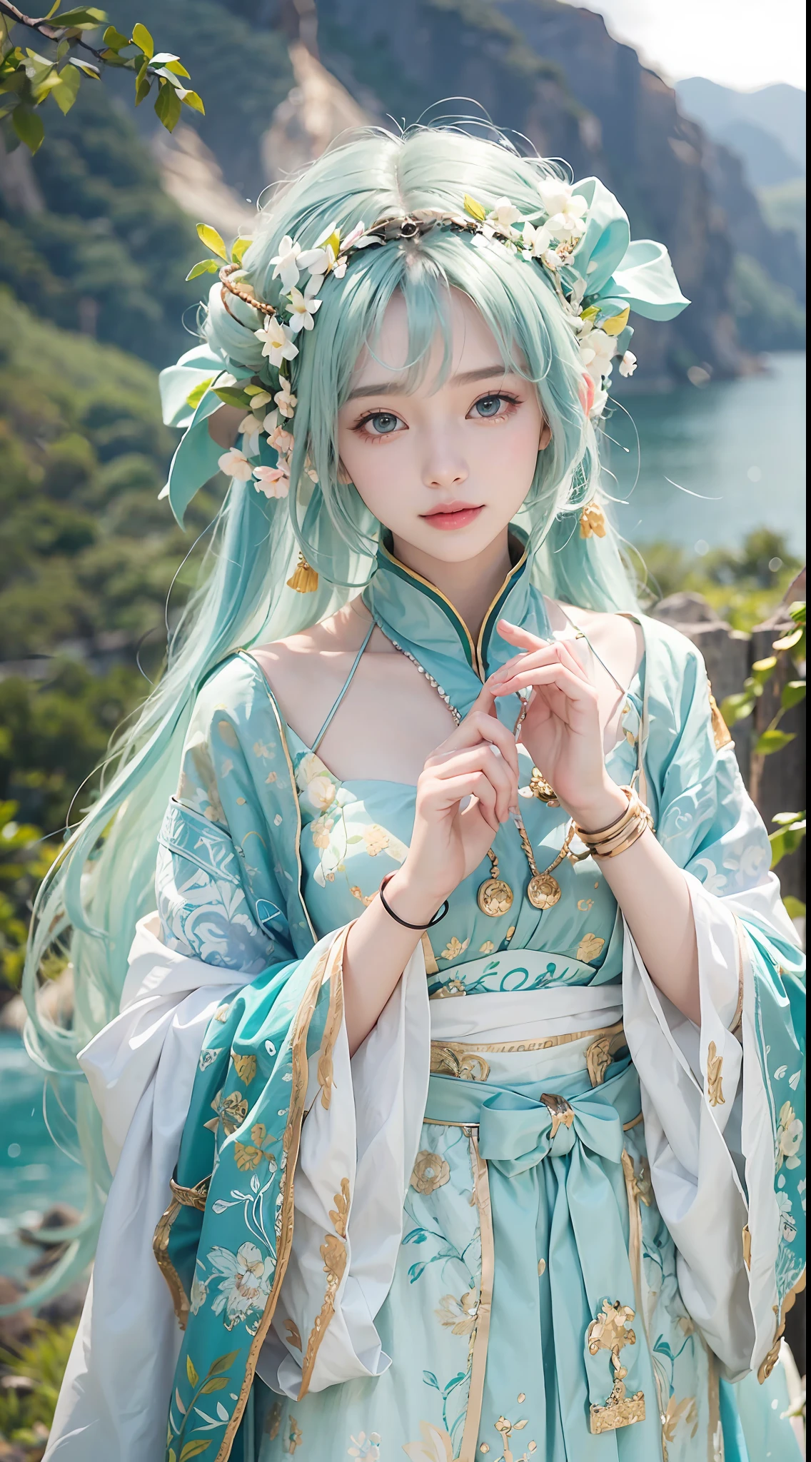 A beautiful young woman poses outside,A half body,having fun,In the style of Kawacy, Blue and white colors, yeong-hao han, Green mountains,green waters,webcam photography, Detailed costumes, Rodenstock Imagon 300mm F/5.8, Realistic impressions,soothing tones,pastel colour,