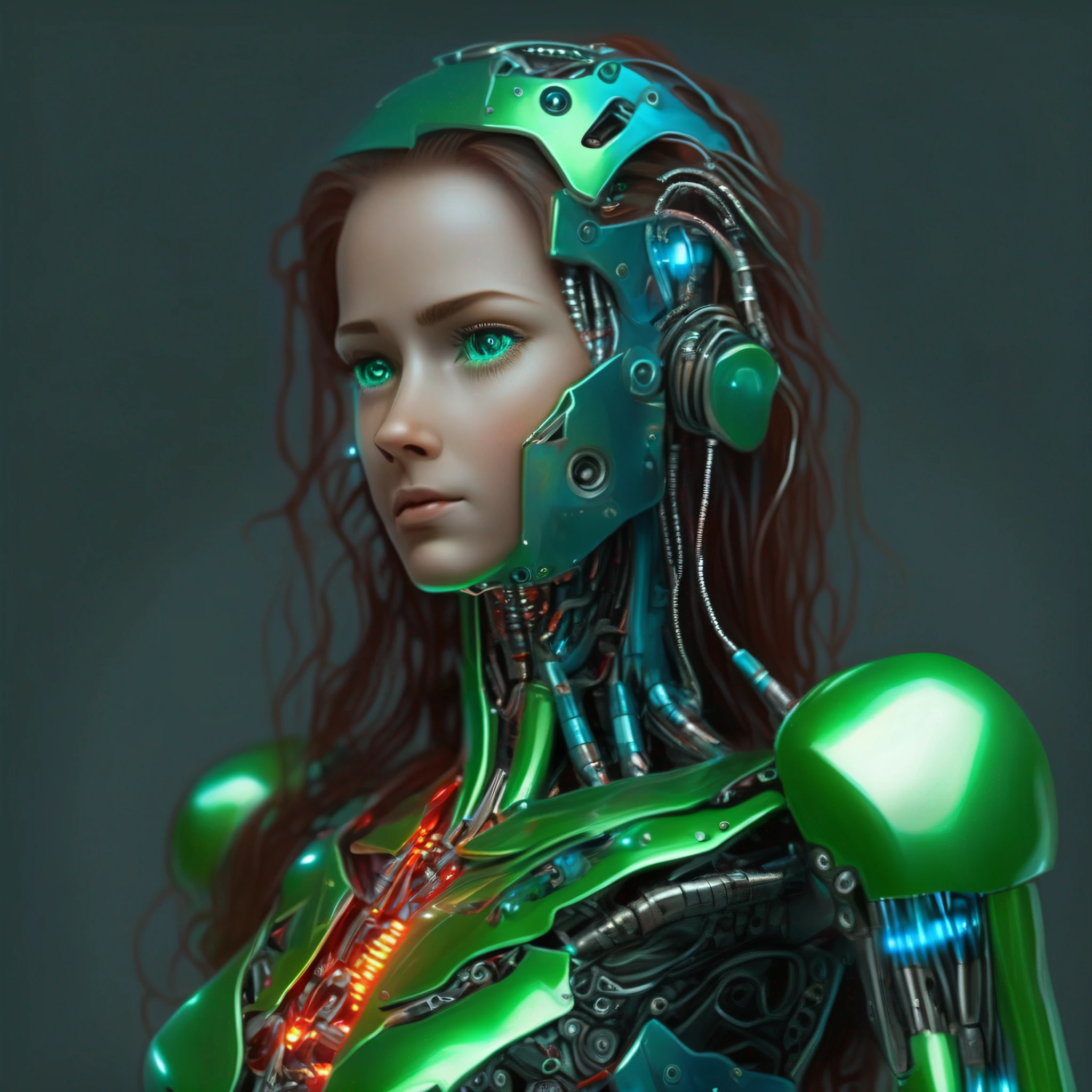 robot humanoide femenino totalmente mecanico de cuello para abajo y con la cara verde claro, con partes abiertas donde se deja ver cableado y maquinariay luces indicadoras led rojas, verdes , azules y amarillas en la pechera. hiperrealista y con sensacion de movimiento. color del chasis, plata, oro y bronce.
