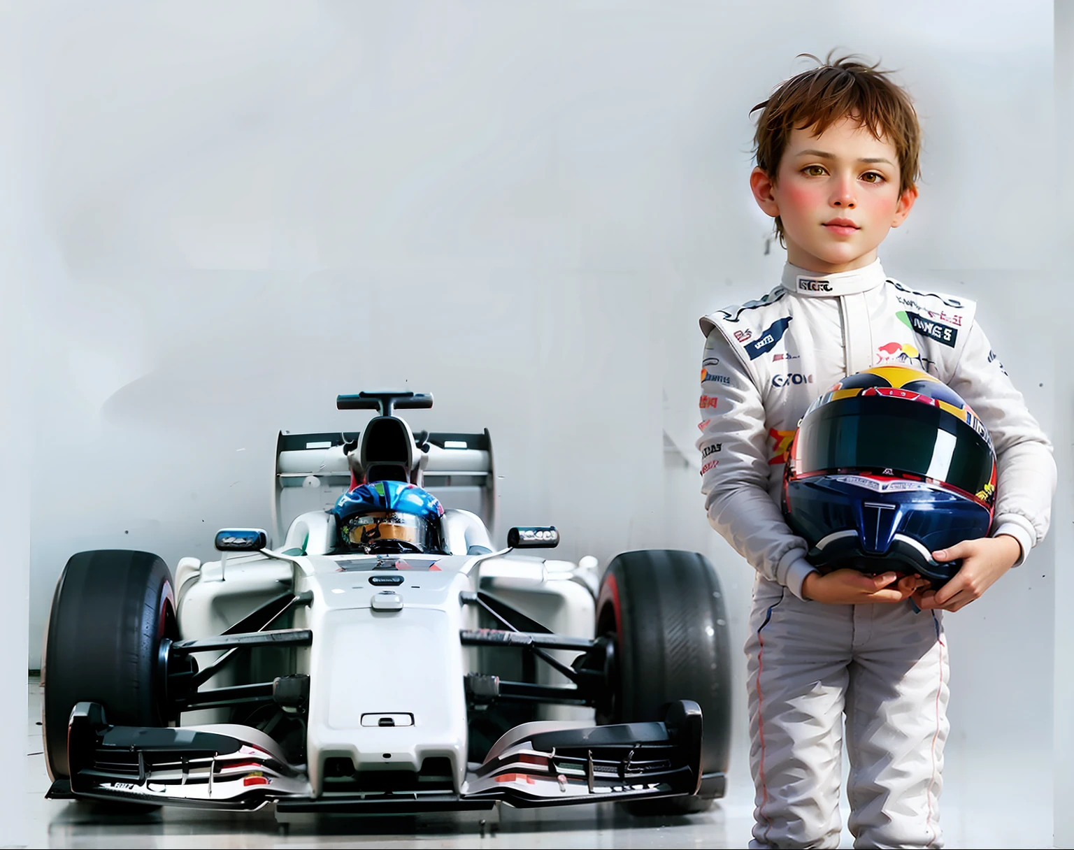 Imagem de um menino em um traje de corrida segurando um capacete e um carro de corrida da red bull, Papel de parede - 1 0 2 4, F11:6, f 1/4, f 1/3, formula one car, 2 0 1 4, 2014, f 1, childrens, motor sport photography, RB6S, RB 6 s