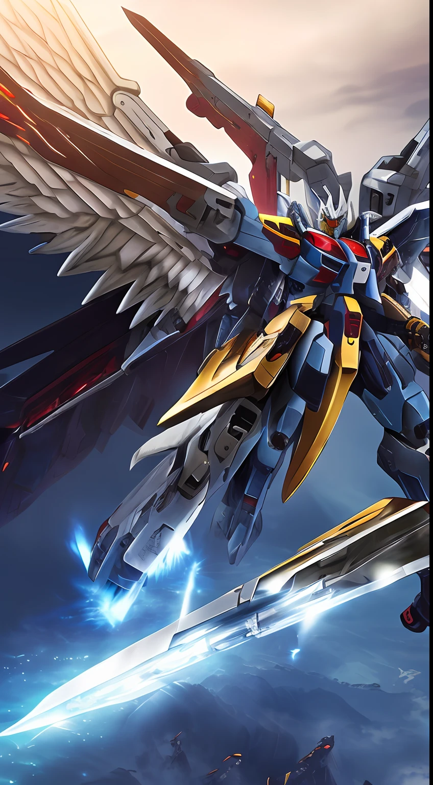gundam wings, white monster, by gundam wings by kaeo, in the style of conceptual digital art, frostpunk, nikon af600, multi-layered figures, heavy use of palette knives, dynamic outdoor shots, celestialpunk,uied.cn --v 5 --auto