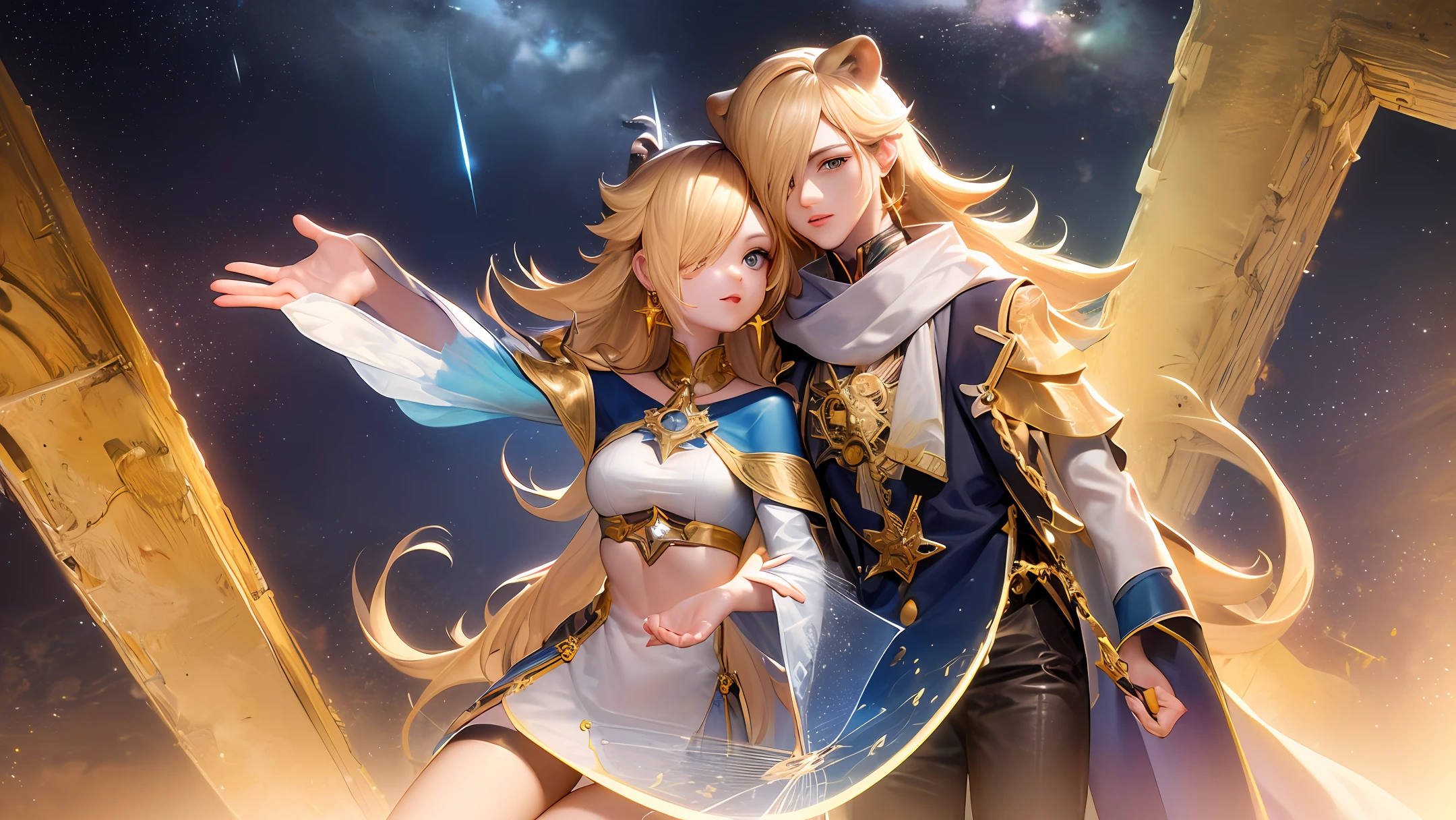 (Magic Golden Leo astrolabe+starrysky:1.2)，Yellow-haired man woman，比基尼，Western European mythology，Next to a lion。Fantastic starry sky，Deep blue cosmic background