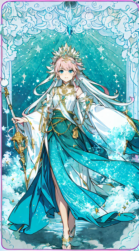 goddes,long whitr hair,A staff in his hand,Floating gesture,Ambilight,Exquisite headdress,A haughty expression,white color hair