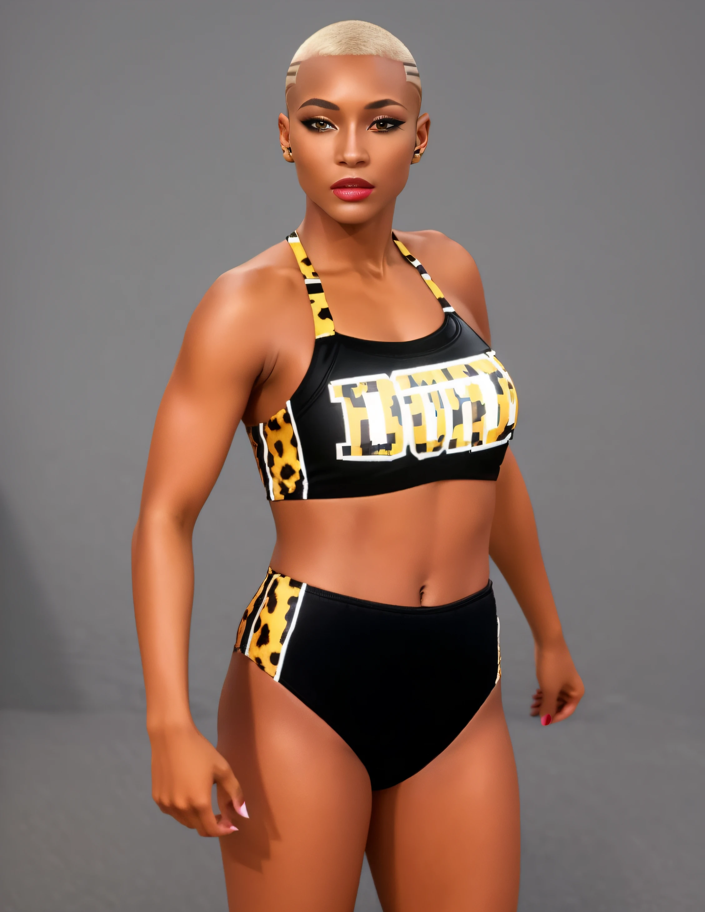 ((masterpiece, best quality)), Black blonde female wrestler with buzz cut hairstyle that has cuts on the side of her head, Black facial features, in black leopard striped patterned sports bra that says "DUNN", black leopard striped patterned high cut trunks, wearing lipstick, photo realistic, intricate details