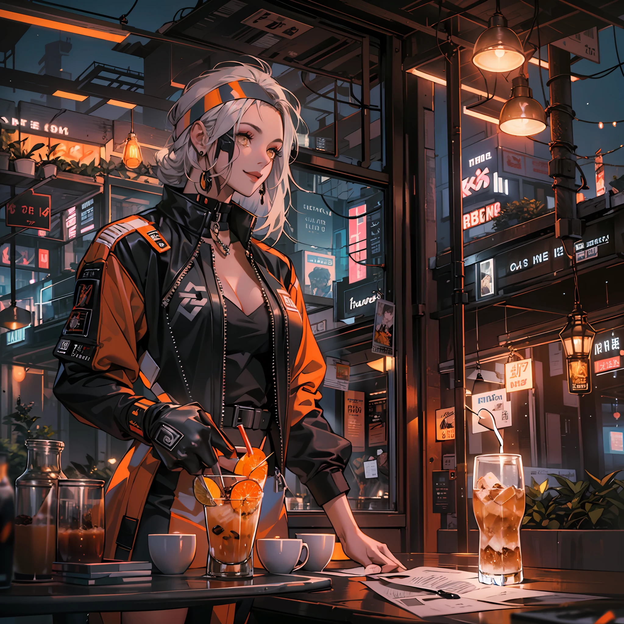 Best quality,tmasterpiece,Ultra-high resolution fills the picture,Indoor at night,A café in the sky,Orange color scheme of the café,There was coffee and wine,the night,inside in room,Orange neon color scheme,Silver-white hair,Black fashion clothing,Orange and black matching outfits,boxer,Cafe beautiful girl,cyberpunk backgrouns,The background is colorful,Lateral face,Smiling,A variety of laid-back poses,Perfect makeup,Love eyes,8K quality,cyber punk perssonage,sense of science and technology,Character backlighting,rim-light,Movement changes,Flowing hairstyle,Loose hairstyle,The number of fingers is refined,The most beautiful girl in mankind,Wear a headband,Wear delicate accessories,Delicate close-up of the face,Realistic image quality,Super light and shadow,Very good figure,Meticulous,Drink or coffee on the rooftop in the evening,Very good figure,Raised sexy,luminous,Cool,Very stylish café