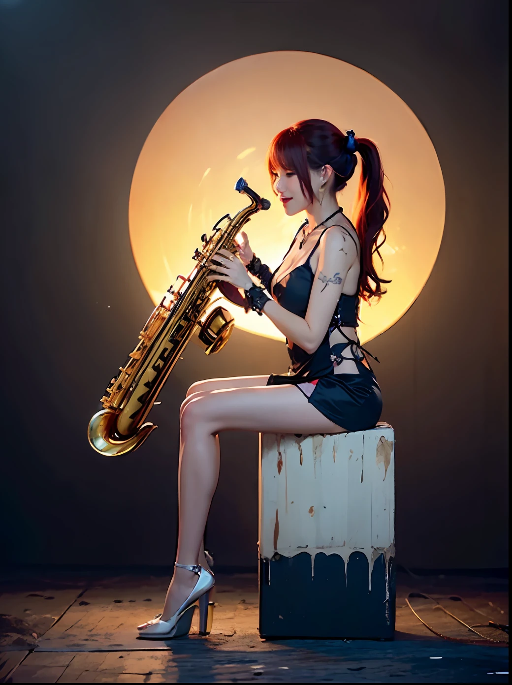high high quality,tmasterpiece,hyper HD,(realisticlying:1.4),RAW photogr,cowboy lens,Charming smiling girl holding saxophone on live stage,(Dynamic paws),Red gradient hair,asymmetricalbangs,Cross pendant necklace,耳Nipple Ring,White punk rock costume,Colorful scene lighting,neonlight