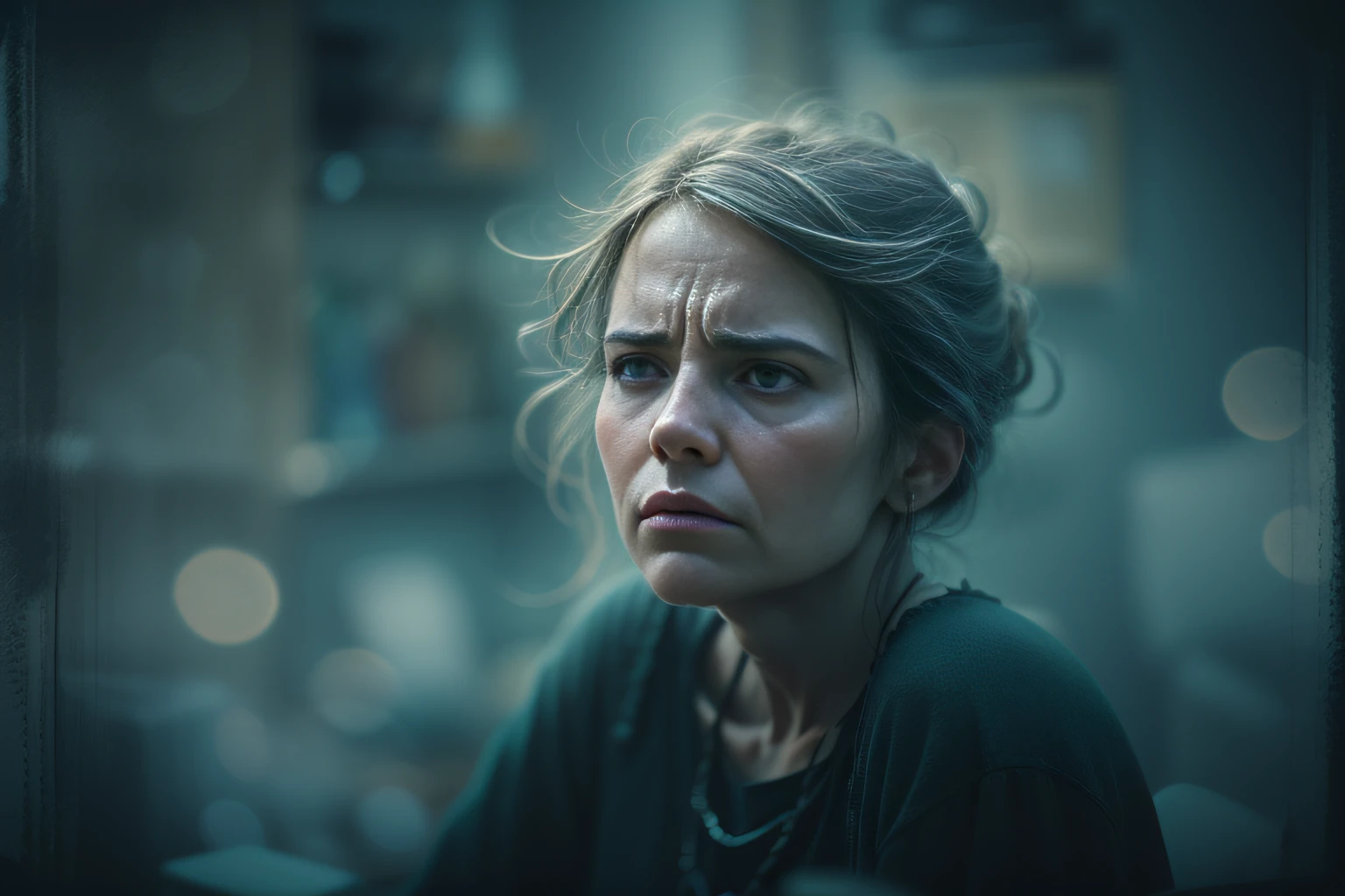 Create an image of a mother who is visibly upset and emotional. Use the technique of realism to convey her feelings. Depict her in a home setting with dim lighting, and use cool tones and a dark atmosphere to intensify the emotional impact of the scene. The mother's clothing should be everyday and her appearance unkempt to further emphasize the realism of the scene. Digital art software can be used to create this image, bokeh, photo, 8k, dark, dynamic action, pale washed out style, shot on cyanotype, cracked lens, dreamy nostalgic, soft focus, dark vignetting, light leaks, medium photography, gloomy artistic painterly ethereal, whimsical, coarse grain photo, eye contact, by paul zizka