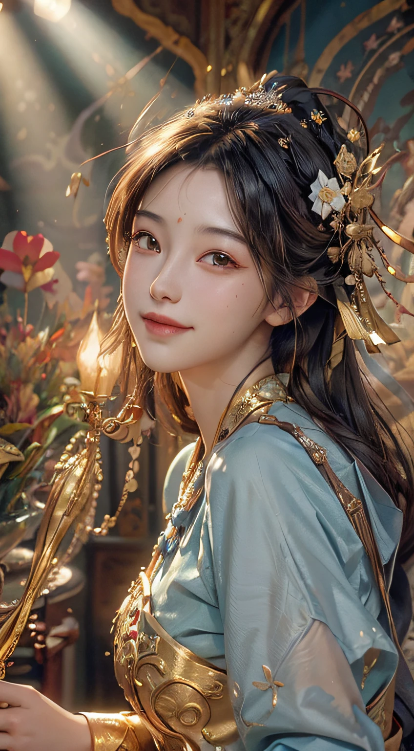 (RAW Photo, Best Quality), (Realistic, Photo Realistic: 1.3), Best Quality, Highly Detailed, Masterpiece, Ultra Detailed, Illustration, 1 Girl, upper_body, Dynamic Angle, World Mastery Theater, messy_long_hair, Best Quality, Extremely Detailed CG Unified 8k Wallpaper, Ink, Amazing, Cinematic Lighting, lens_flare, dunhuang_style, Beautiful Rendering of the Tang Dynasty, (Smile: 1.5), (Holy Light), In the Grotto, Floating, Sony Master Shot, Bustling, Gold Leaf, Flower, Light Blue Clothes, Looking at the Audience