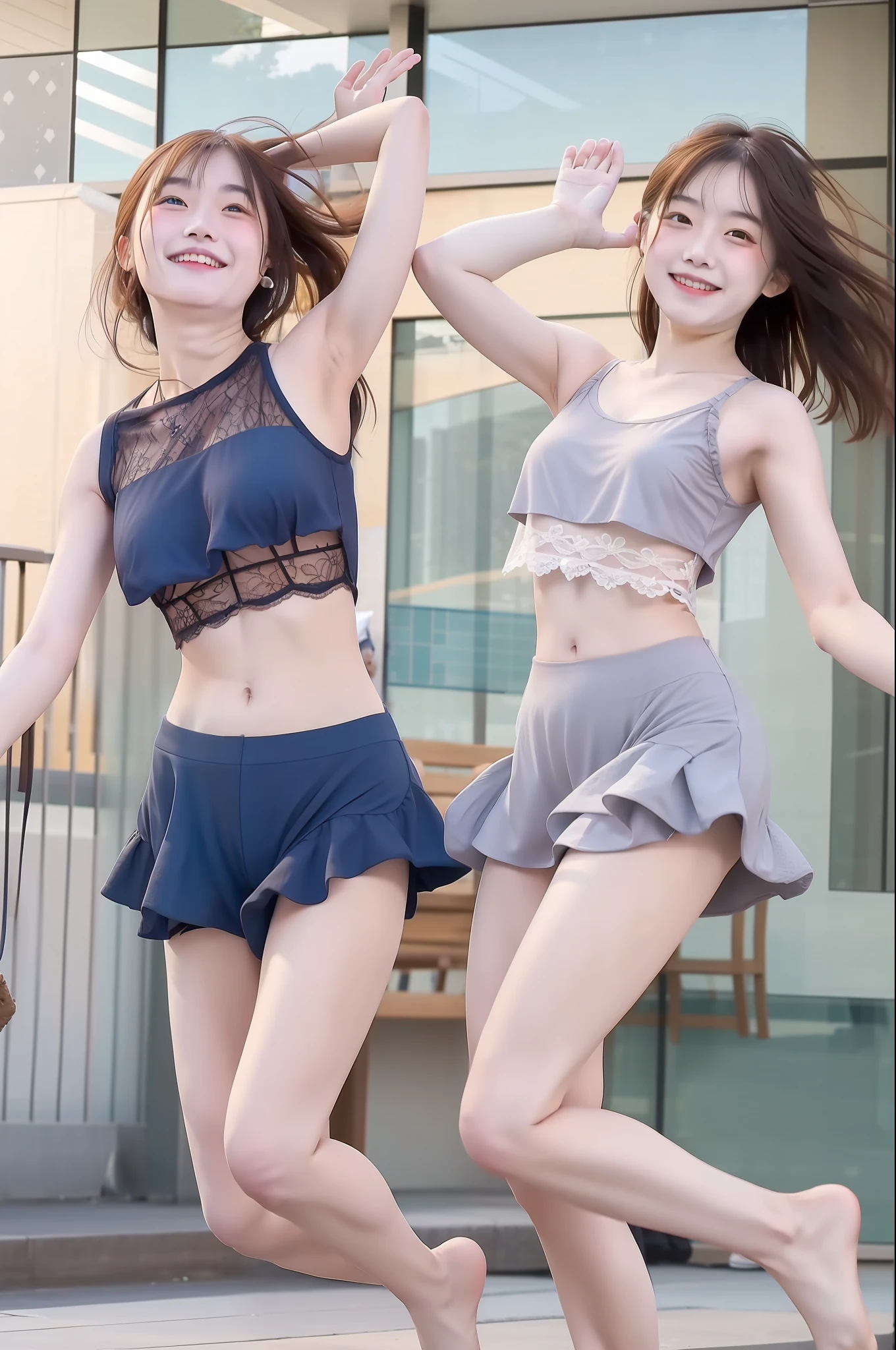 Two Japan Women、Lakeside jumping with a smile against the blue sky、Sheer little tank top with lace and frills、Lace and ruffled miniskirts、Adorable young woman with fair skin、Underwear is visible.、High-definition photos