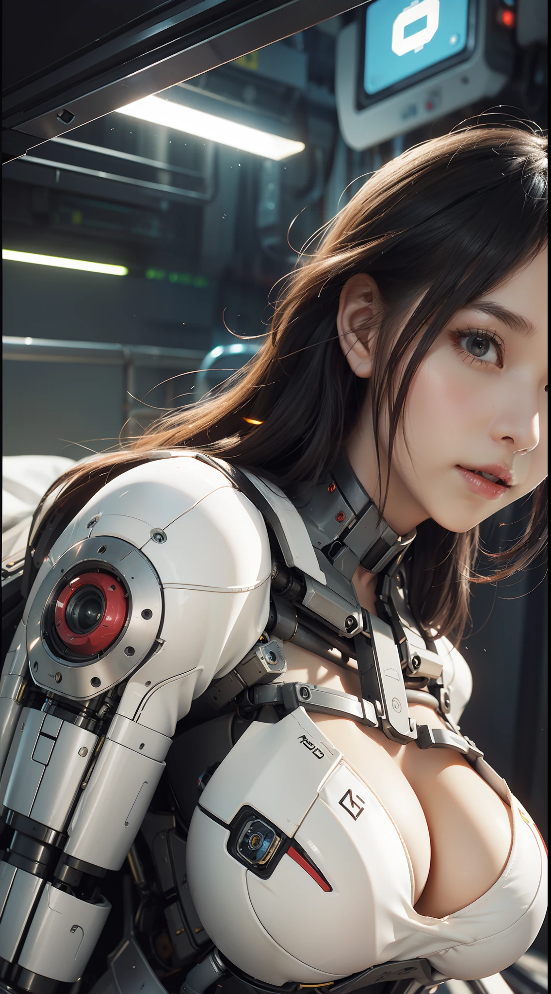 Highest Quality, Outstanding detail, 超A high resolution, (Realism: 1.4), Best Illustration, favor details, close-up, a mecha girl, with a delicate and beautiful face, ((Red and white semi-mechanical body: 1.8)), (Big breasts: 1.2), Sexy, cleavage, bed, Frontal, Cyberpunk, Futuristic, mechanical aesthetics, complex machinery, the background is a high-tech lighting scene of the futuristic city, Virtual Engine 5, Perfect Detail Rendering, Octane Rendering, Ultra HD