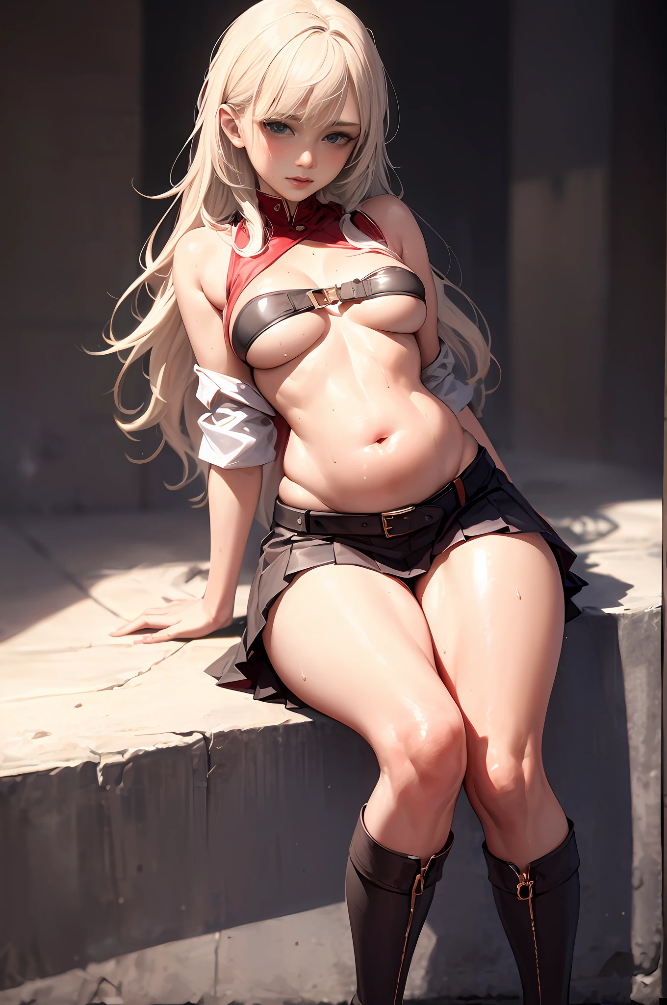 ((masterpiece, best_quality)), (photorealistic:1.4), solo, 1 girl, white_background, white_hair, long_hair, zettai_ryouiki,(black big ribbon accessories at the back of head), (sleeves rolled), toggle button pin buckle, mini pleated skirt with a slit in the front), outline nipple can be seen through the clothes, areola bulge, heels boots, belly, crotch gap, cameltoe ,shiny skin, sweaty skin, nose blush, belt underboob, under boobs, long legs, ((small thigh)), plump , peach 🍑, bustier, perfect belly, huge breast, mid-length hair