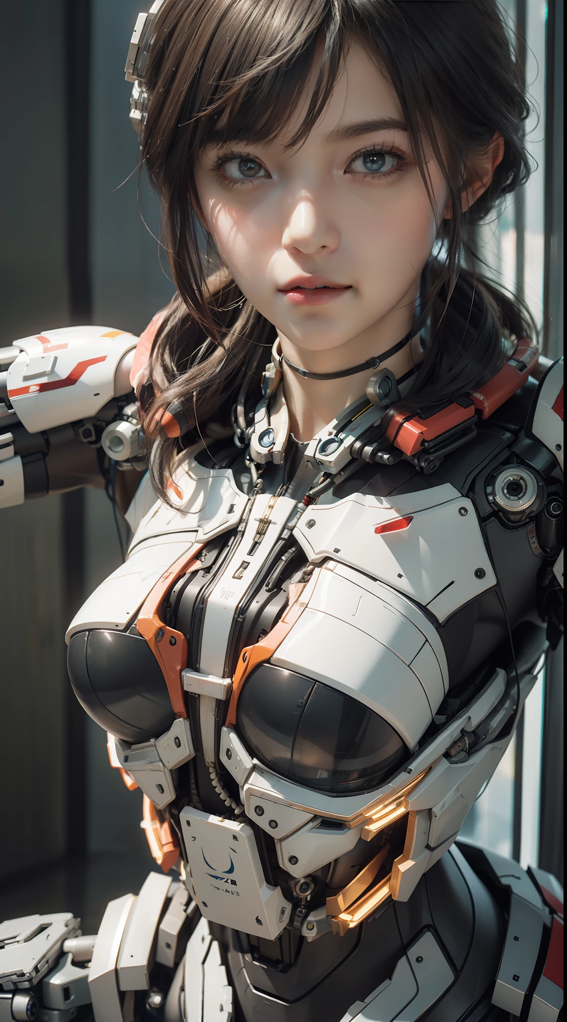 Highest Quality, Outstanding detail, 超A high resolution, (Realism: 1.4), Best Illustration, favor details, close-up, a mecha girl, with a delicate and beautiful face, ((Red and white semi-mechanical body: 1.8)), (Big breasts: 1.2), Sexy, cleavage, bed, Frontal, Cyberpunk, Futuristic, mechanical aesthetics, complex machinery, the background is a high-tech lighting scene of the futuristic city, Virtual Engine 5, Perfect Detail Rendering, Octane Rendering, Ultra HD