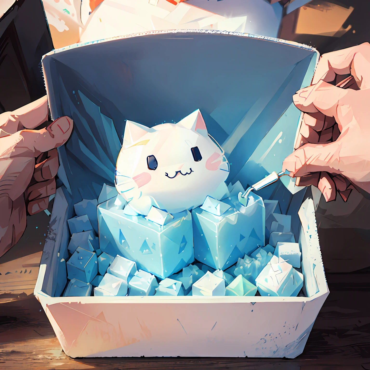 Someone put a toothbrush on a little white cat in a container, milk cubes, Kawaii cat, Dry Ice, cute 3 d render, melting ice cube, pastel cute slime, author：tooth wu, Cute! C4D, Gummies, Cute detailed digital art, ice cubes, one ice cube, cute toy, Made of ice, everything is made out of ice