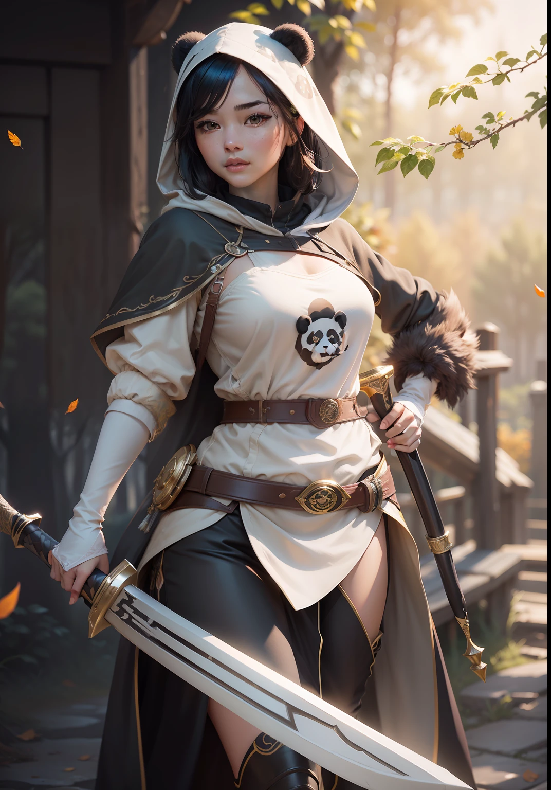 beautiful woman facing the camera black hair asian eyes, wearing a black and white panda hood holding a gleaming sword silver and gold Masterpiece, best quality, high quality, highly detailed CG unity 8k wallpaper beautiful landscape oil painting, award winning photography, bokeh, depth of field, HDR, bloom, chromatic aberration, photorealism, highly detailed, trending on artstation, on CGsociety Trending, intricate, high detail, dramatic, midjourney art and masterpiece, best quality, high quality, extremely detailed CG unity 8k wallpaper lush summer landscape with rolling green hills stretching towards the horizon, dotted with pink, yellow wildflowers, and purples, volumetric lighting and masterpiece, best quality, high quality, extremely detailed CG unity 8k wallpapers serene autumn landscape surrounded by trees in shades of golden yellow, fiery red and burnt orange. The crisp air is laced with the sweet aroma of fallen leaves and wood smoke. The ground is covered with a golden folia --auto