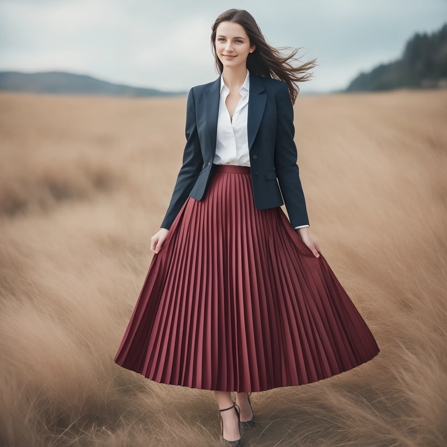 authentic (very shy:1,4 smiling) good woman wearing a short blazer with a very very detailed (long (fully pleated) full circle skirt) and (simple) low heeled office shoes, very very intricate hyper-detailed symmetric (attractive graceful young feminine face) with (sad, tired eyes and shy smile:1,1), full of empathy and compassion and love, (pronounced (feminine) features), (highly detailed ultra accurate realistic) hands and fingers, (windy conditions and wind blowing), epic composition, highly detailed attributes, highly detailed atmosphere, (35mm f1.4 Kodak portra 400 photograph), extremely high quality RAW photograph, intricate, Exquisite details and textures,