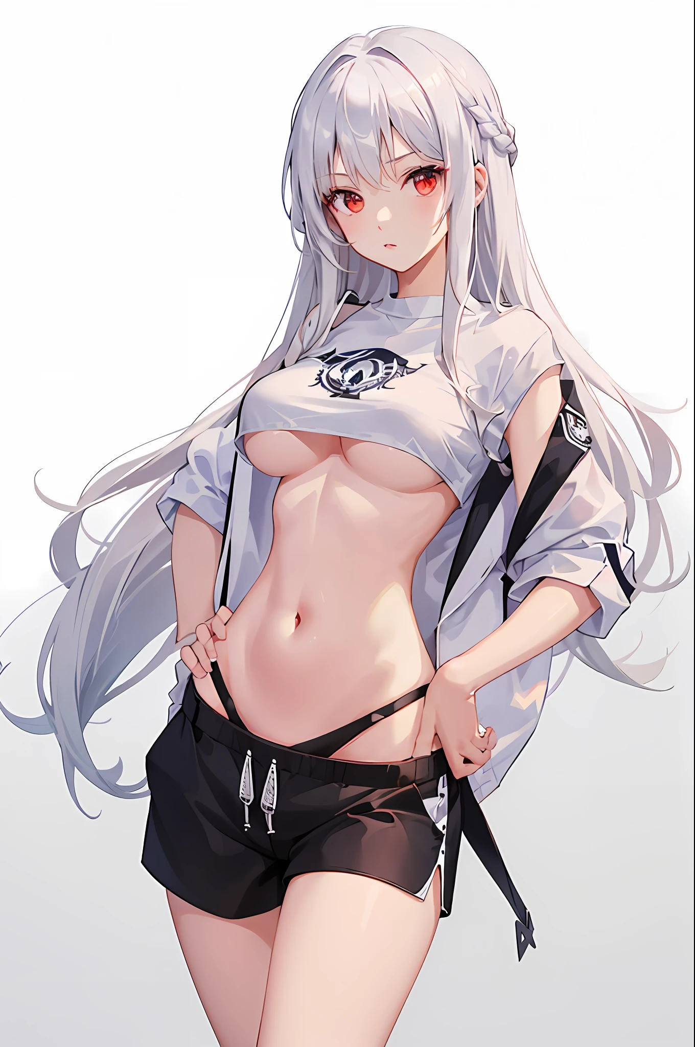 1girl, white hair, red eyes, navel, looking at viewer, hand on hip, black jacket, dolphin shorts, groin, (white shirt:1.2), braid, very long hair, wide hips,
underboob, shirt,
big\(BodyProportions\),