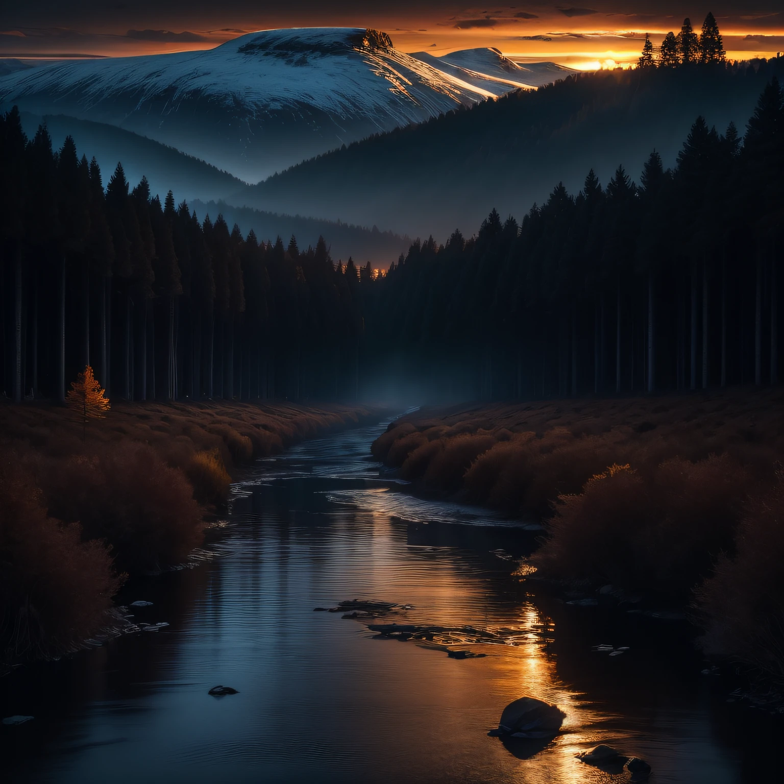 Masterpiece, Best quality, very detailed shading, High quality,landscape with texture,award winning photography, Depth of field, hdr, color difference, High contrast, Super clear, Photorealistic, cinematic photogtaphy, (Extremely realistic), Extremely detailed, Intricate, High detail, National Geographic, China, ((700MM TELEPHOTO ULTRA-LONG LENS)), (Evening sunset:1.4), (Nordic forests in late autumn:1.5), (A touch of fallen leaves:1.2), (Small rivers:1.4), (gravel:1.4), (High hills:1.4) --auto