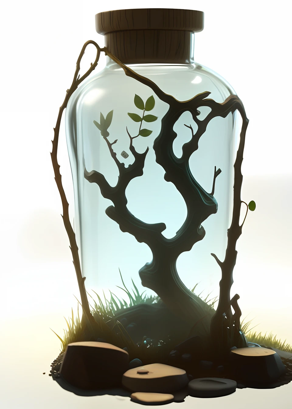 Biotech glass jars，There is a small branch inside, hyperdetailed scp artifact jar, head in a jar,  Petscop,  Wood and glass details