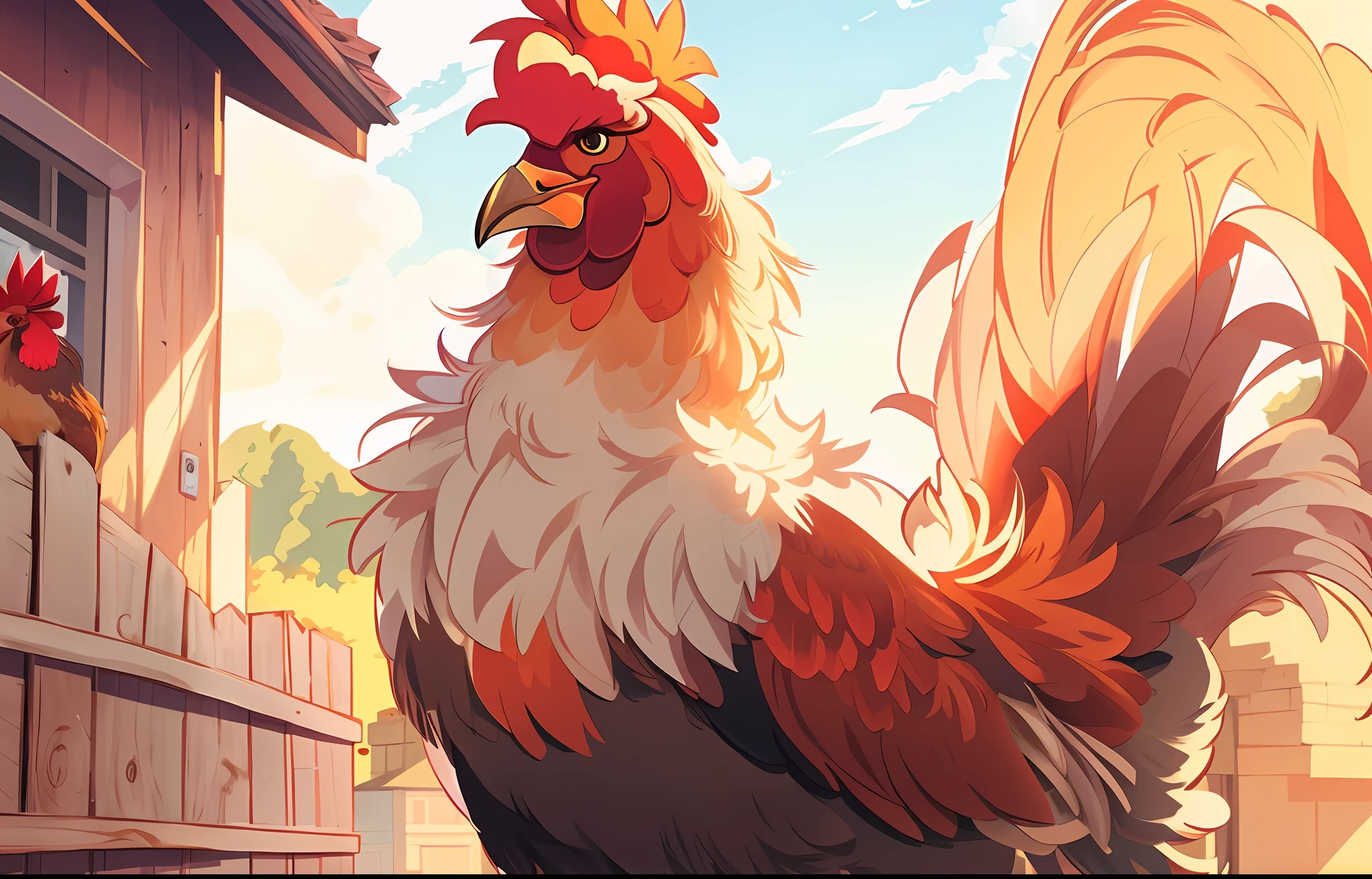 There is a rooster standing in front of the building,There is a bird on it, the king of rooster, cocky expression, anthro rooster, anthropomorphized chicken, Kawasi, author:Sam Bosma, illustration of a rooster, Artgerm and Atey Ghailan, cushart, cocky smirk, anthro rooster!!!!, illustration of an angry rooster