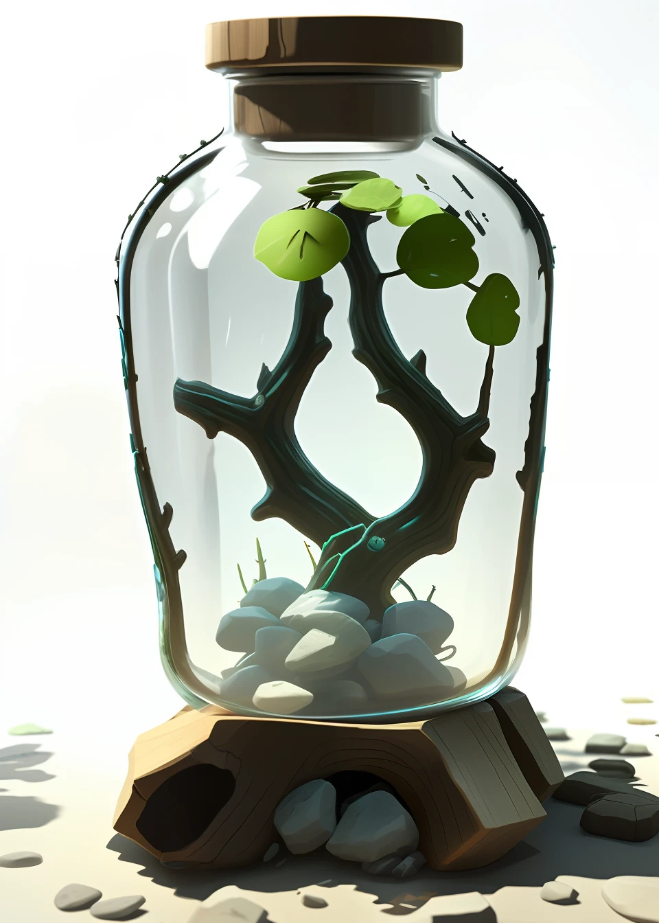 Biotech glass jars，There is a small branch inside, hyperdetailed scp artifact jar, head in a jar,  Petscop,  Wood and glass details