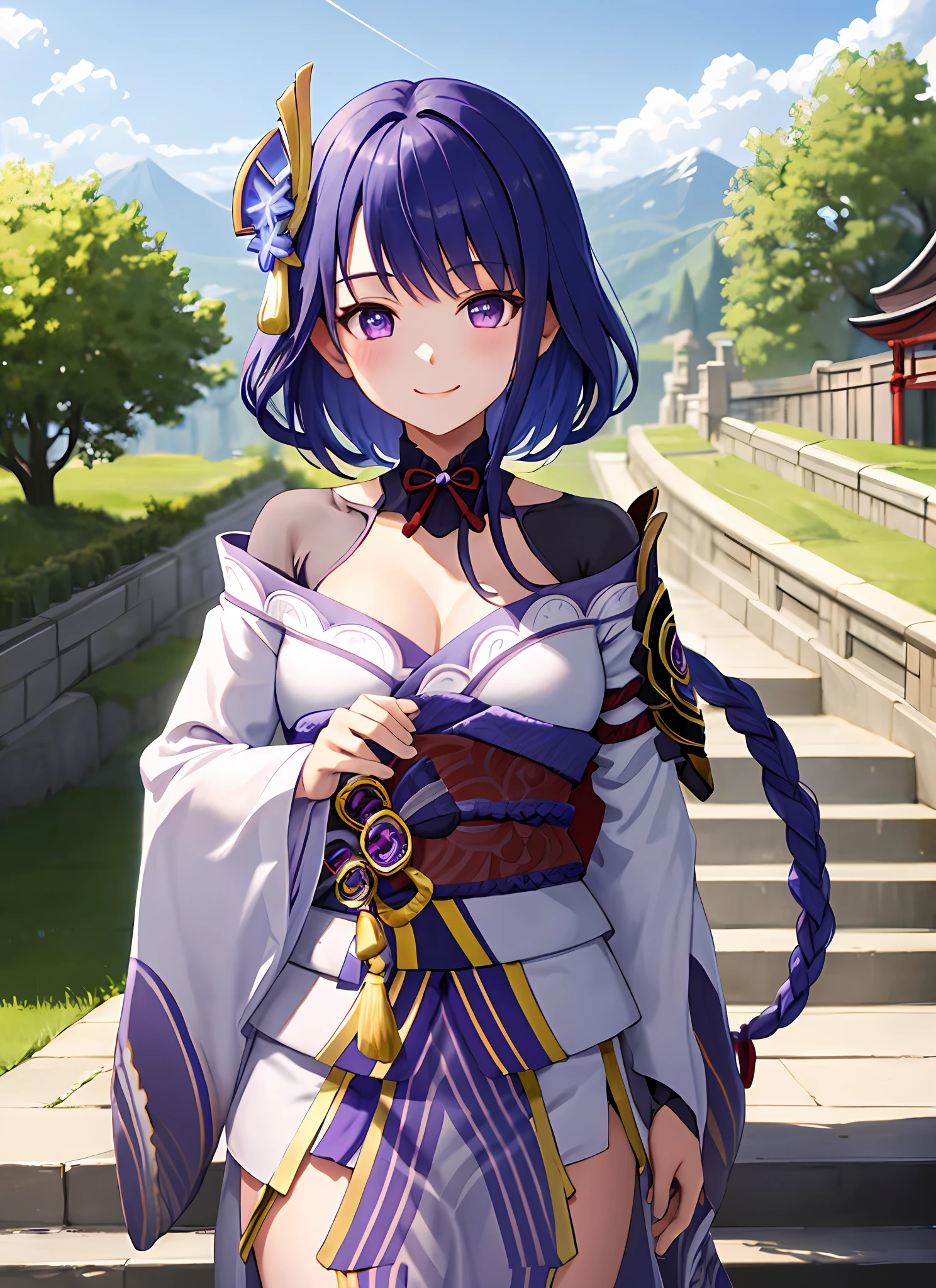raidenshogundef, upper body, smile, blush, outdoors, day, simple background, blue sky, short hair, sky, temple, looking at viewer, stairs, mountain, moody lighting, facing viewer,