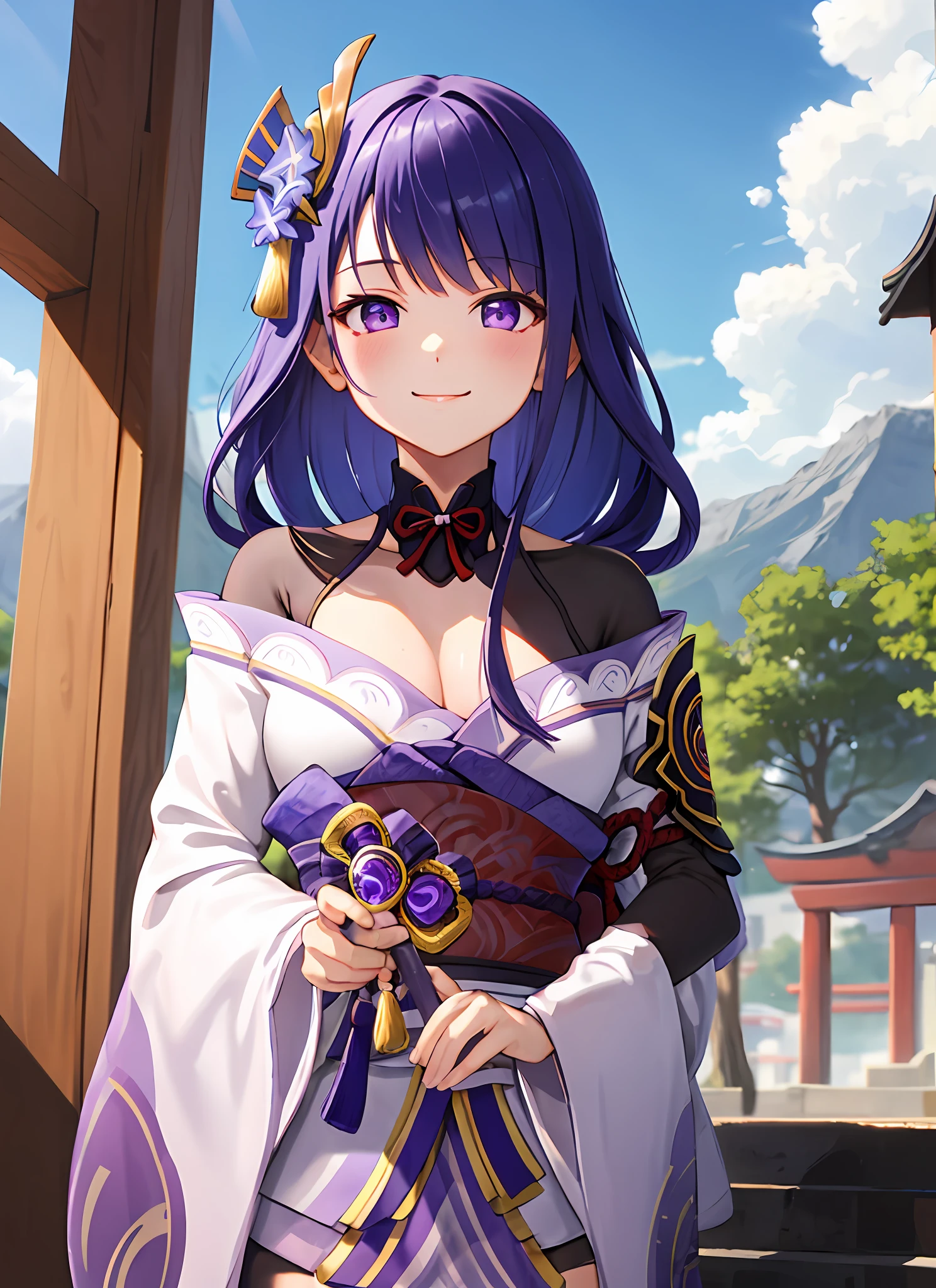 raidenshogundef, upper body, smile, blush, outdoors, day, simple background, blue sky, short hair, sky, temple, looking at viewer, stairs, mountain, moody lighting, facing viewer,