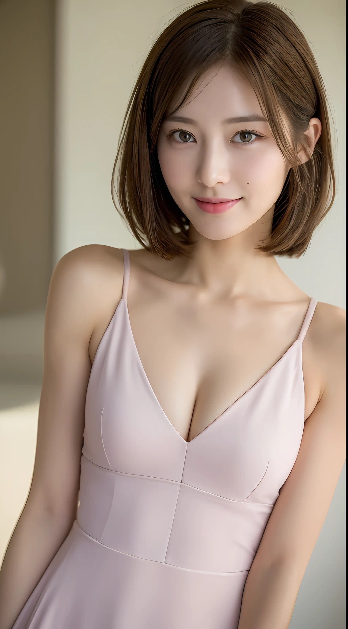 ((Best Quality, 8K, Masterpiece: 1.3)), 1 Girl, Slim Abs Beauty: 1.3, (Hairstyle Brown Hair Shortcut, Big: 1.2), Dress: 1.1, Super Slender Face, Delicate Eyes, Double Eyelids, Smile, Home, Raw Photo