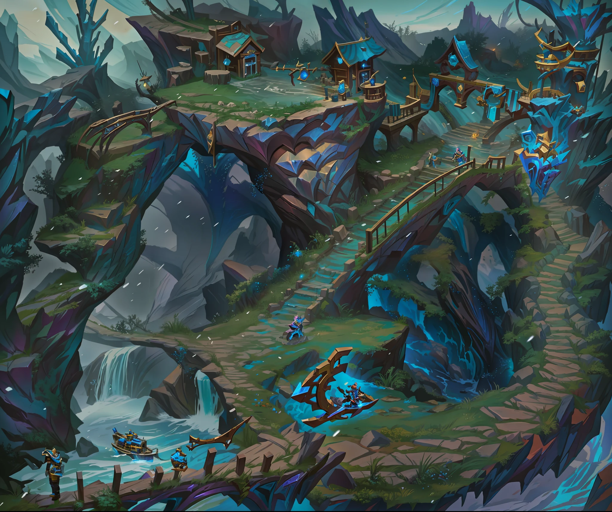 River game map close-up, style of league of legends, League of Legends concept art, wild rift, League of Legends style, Riot game concept art, from league of legends, League of Legends, riot games, style league of legends, league of legend, Splash Art, background aerial battle, league of legends inspired,watercourse