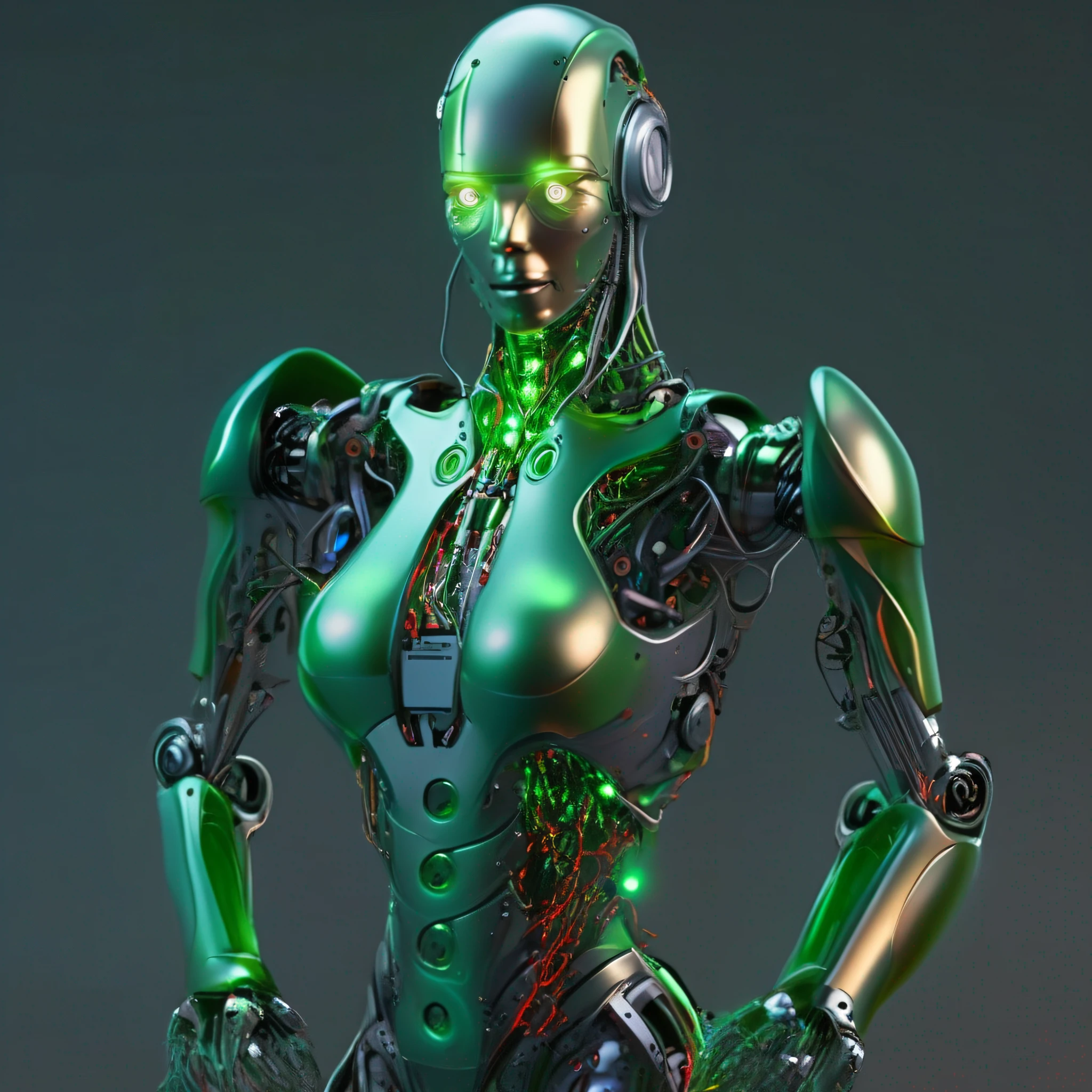 robot humanoide femenino totalmente mecanico de cuello para abajo y con la cara verde claro, con partes abiertas donde se deja ver cableado y maquinariay luces indicadoras led rojas, verdes , azules y amarillas en la pechera. hiperrealista y con sensacion de movimiento. color del chasis, plata, oro y bronce.