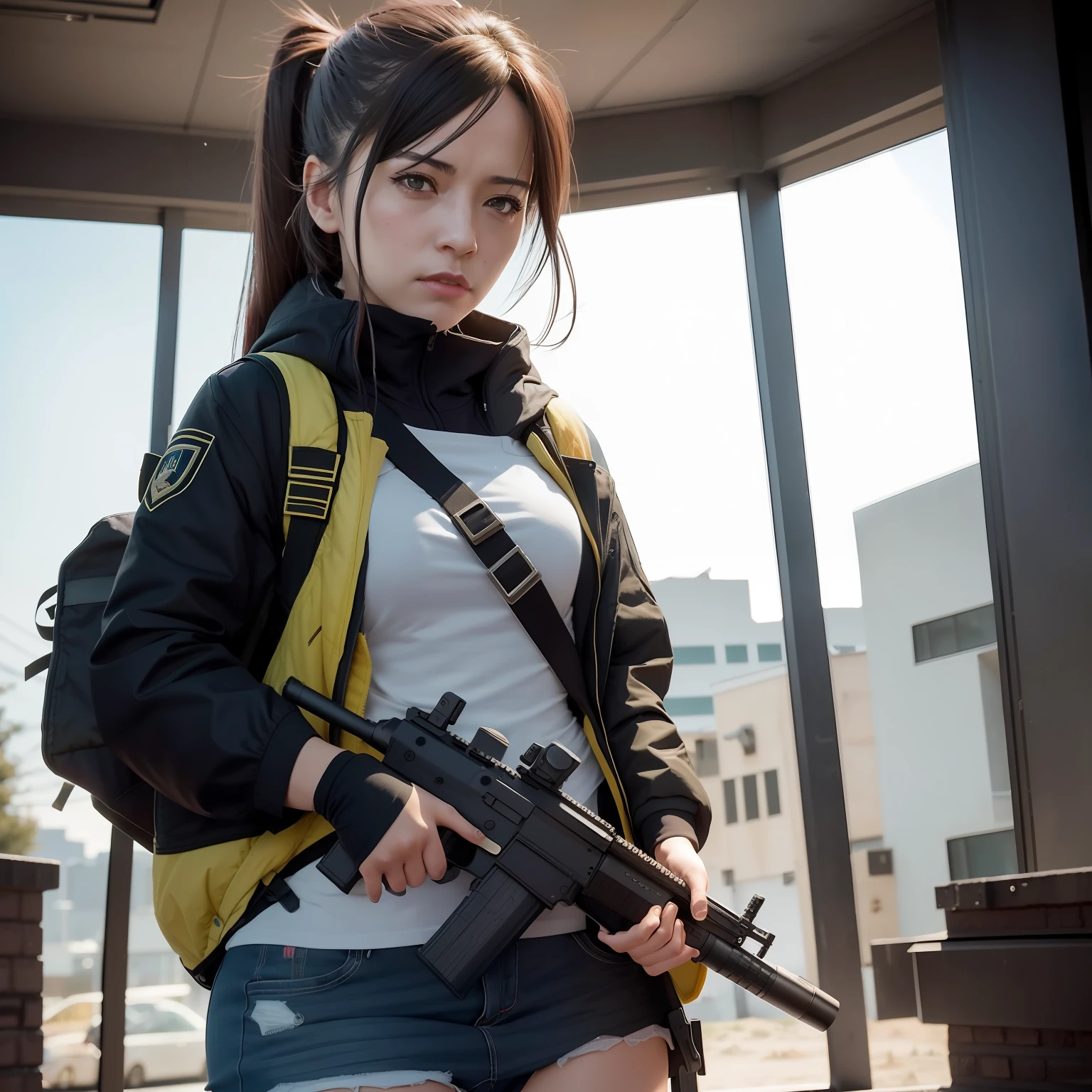 There was a woman with a gun standing in front of a building, m4 sopmod ii girls frontline, preparing to fight, realistic cosplay, Anime girl in real life, shot on nikon z9, Realistic anime 3 D style, with rifle, Shot on Canon EOS R 6, quiet from metal gear solid v, shot on canon eos r 5