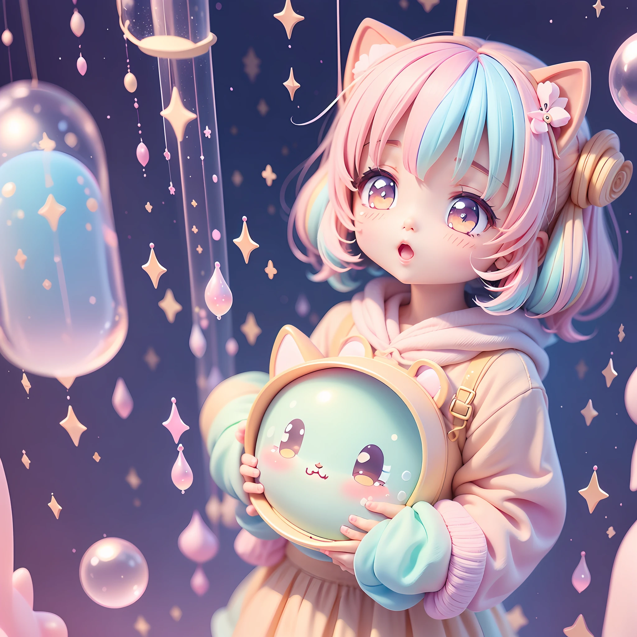 chibi looking up, leaning, bubbles around, kawaiitech, kawaii, cute, pastel colors, best quality, happy, long sleeves