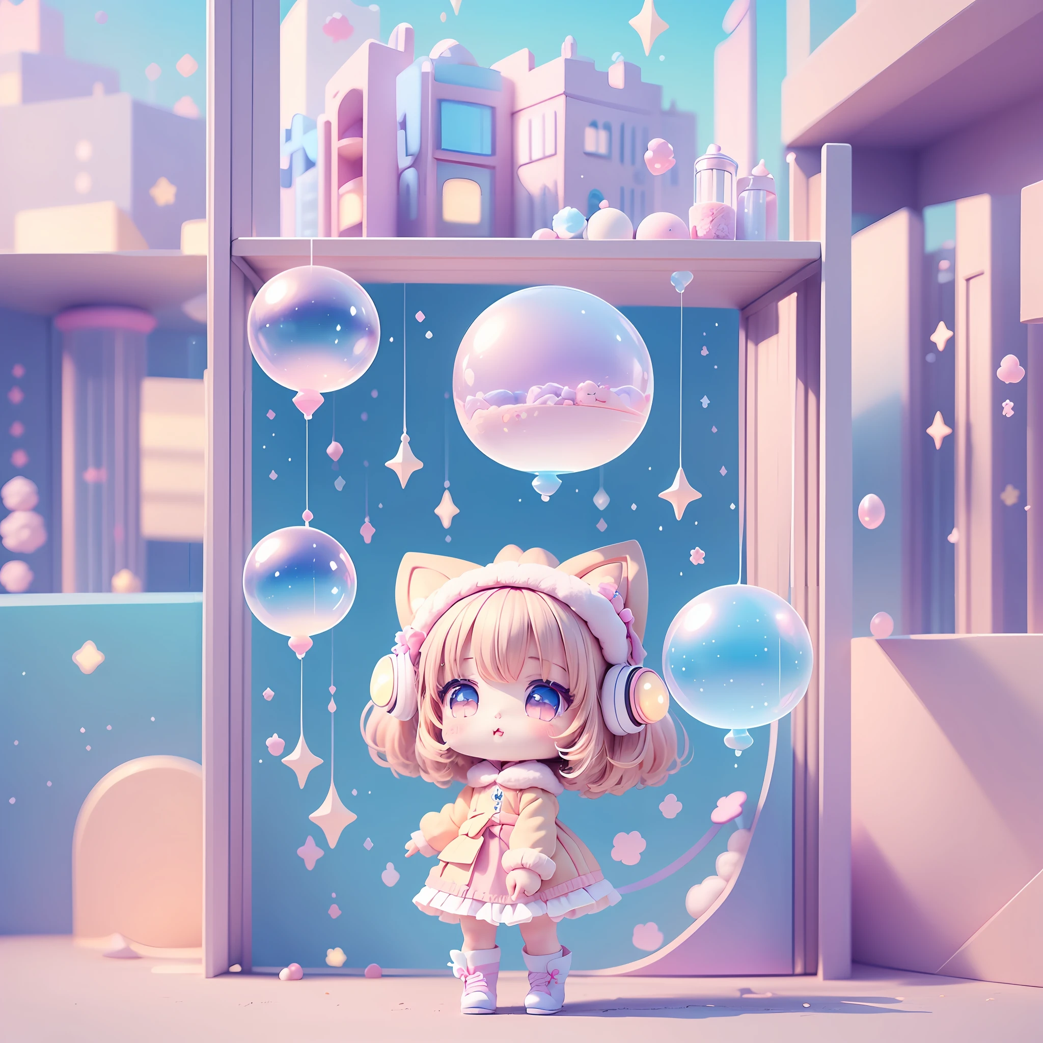 chibi looking up, leaning, bubbles around, kawaiitech, kawaii, cute, pastel colors, best quality, happy, long sleeves